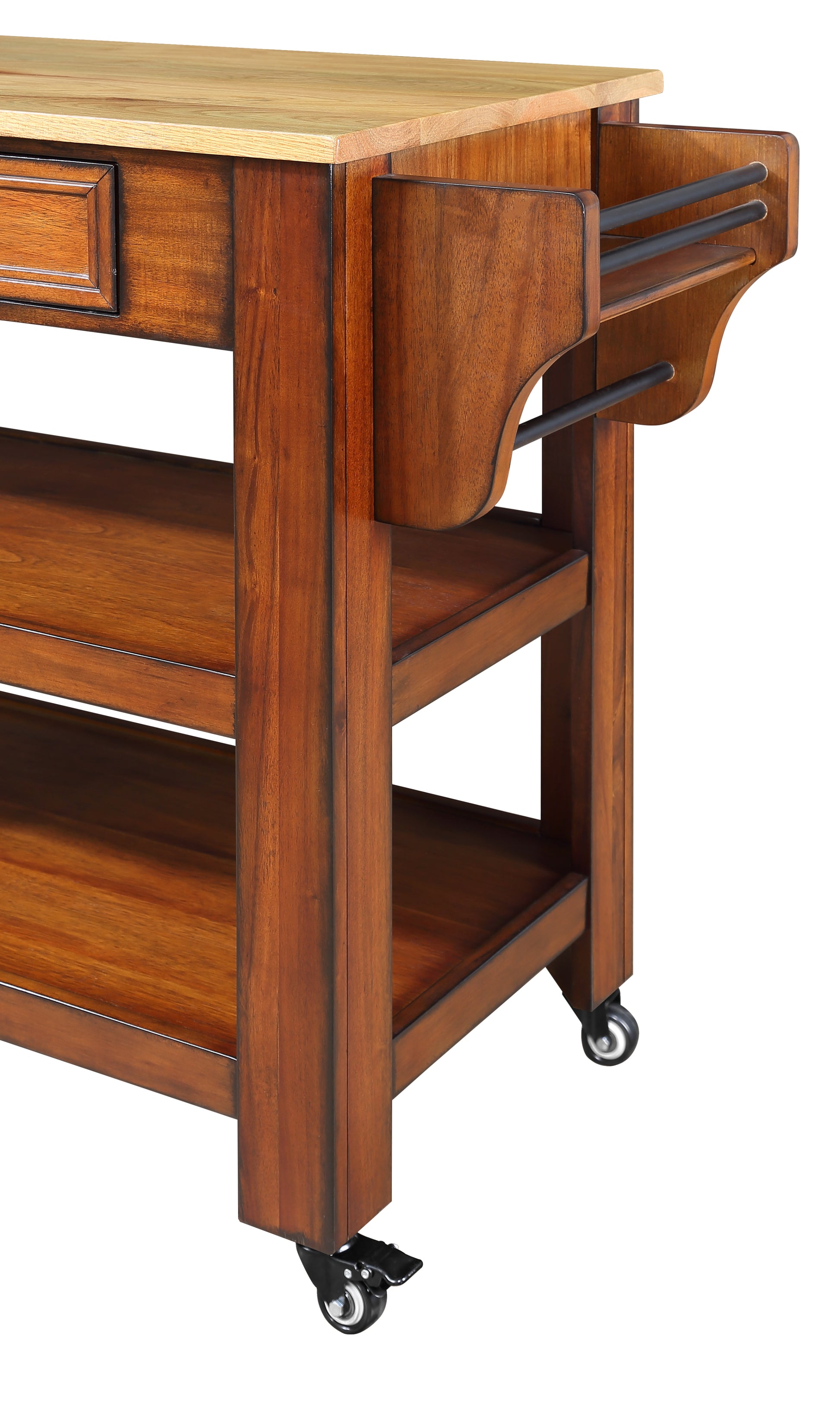 57 Inch Rolling Kitchen Island With Storage,Kitchen Cart With Solid Oak Wood Top,Two Sided Kitchen Island Cart On Wheels ,Wine And Spice Rack, Large Kitchen Cart With 2 Drawers, Walnut Natural Top Walnut American Design Rectangular Kitchen Carts Solid