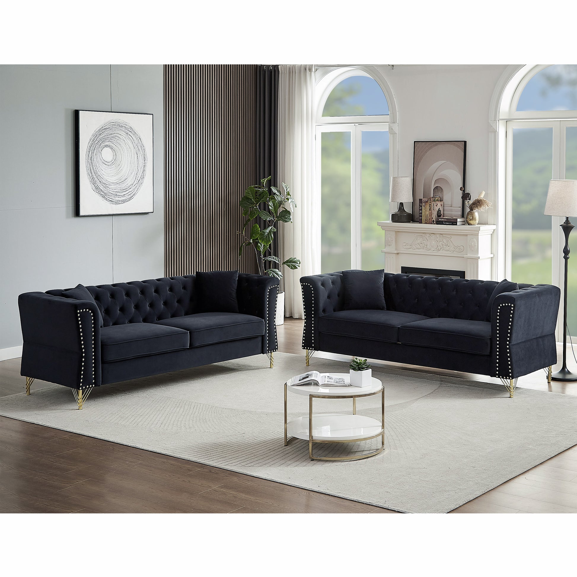 3 Seater 3 Seater Combination Sofa Tufted Couch With Rolled Arms And For Living Room, Bedroom, Office, Apartment, Four Pillows Black Foam Velvet