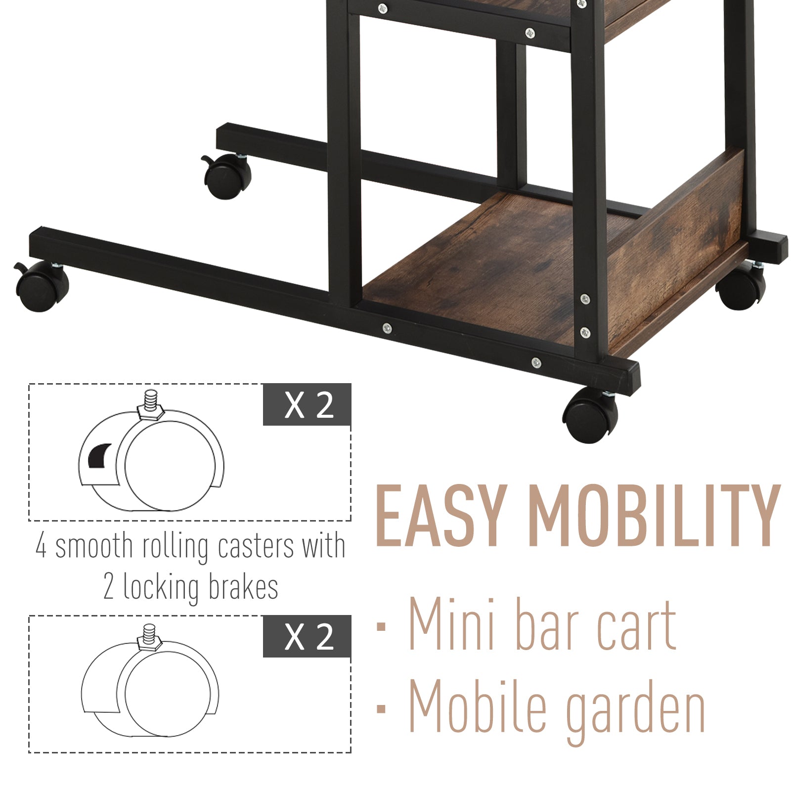 Homcom Industrial C Shaped Mobile Rolling Sofa Side Table With 3 Tier Storage Shelving, Adjustable Height, & Wheels Brown Particle Board