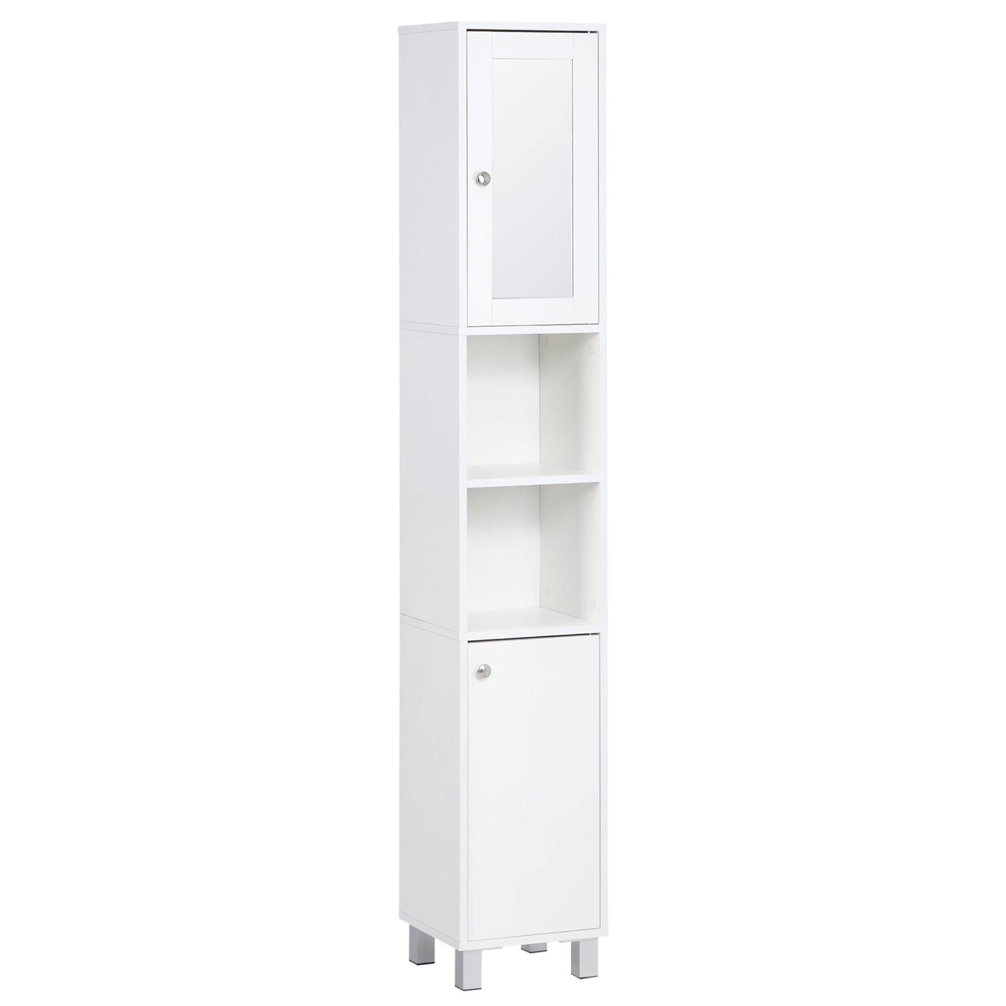 Kleankin Tall Bathroom Storage Cabinet With Mirror, Wooden Freestanding Tower Cabinet With Adjustable Shelves, For Bathroom, Or Living Room, White White Particle Board