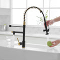 Commercial Kitchen Faucet With Pull Down Sprayer, Single Handle Single Lever Kitchen Sink Faucet Black Gold Kitchen Contemporary Ceramic Brass