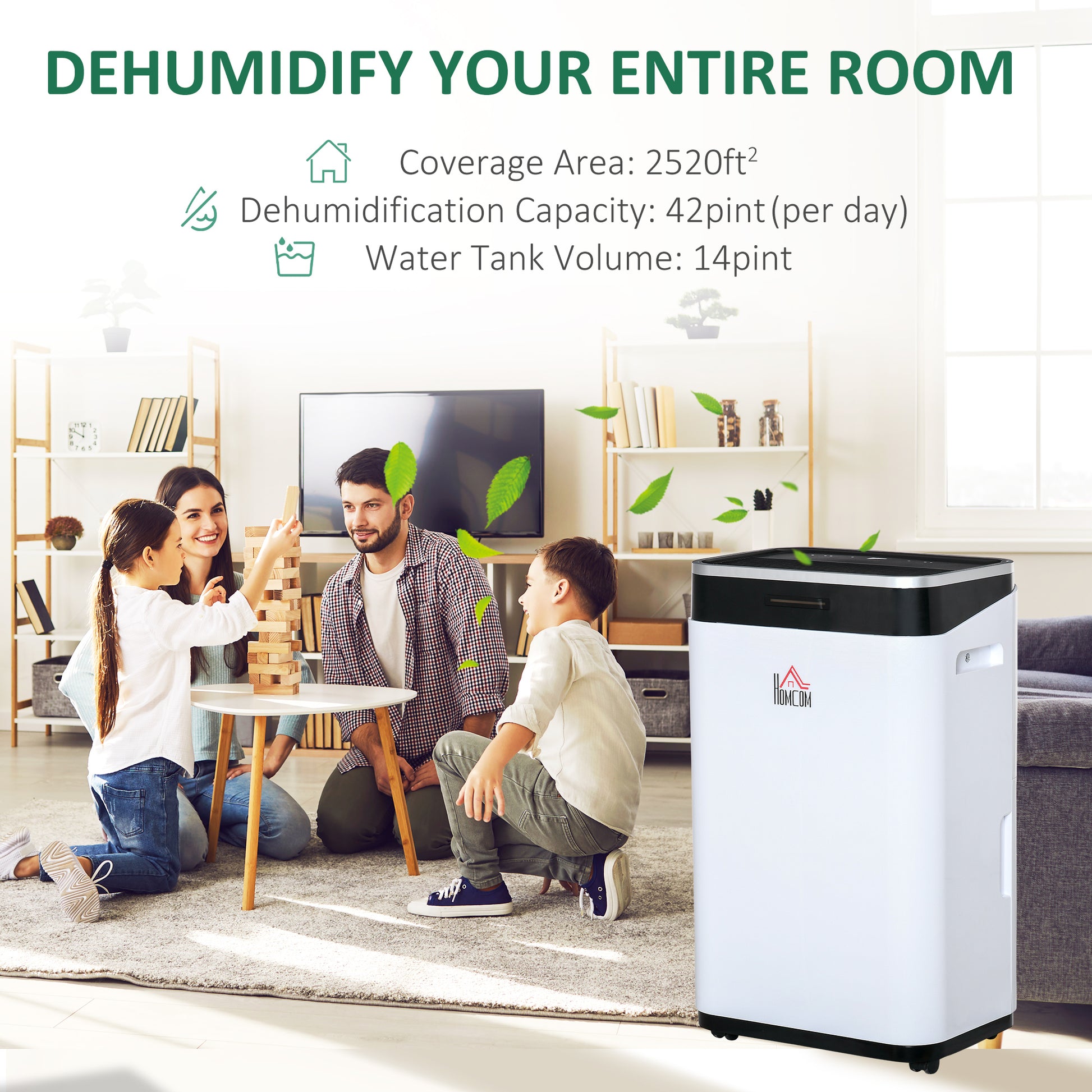 Homcom 2520 Sq. Ft Portable Electric Dehumidifier For Home, Bedroom Or Basements With 14 Pint Tank, 2 Speeds And 3 Modes, 42 Pt Day, White White Abs