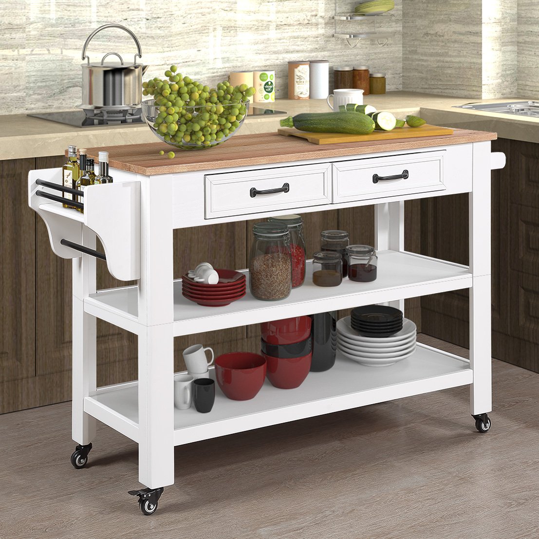 57 Inch Rolling Kitchen Island With Storage,Kitchen Cart With Solid Oak Wood Top,Two Sided Kitchen Island Cart On Wheels ,Wine And Spice Rack, Large Kitchen Cart With 2 Drawers, Milk White Natural Top White Natural Dining Room American Design Rectangular