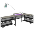 U Shaped Desk With Shelve And Led Lights Gray Mdf