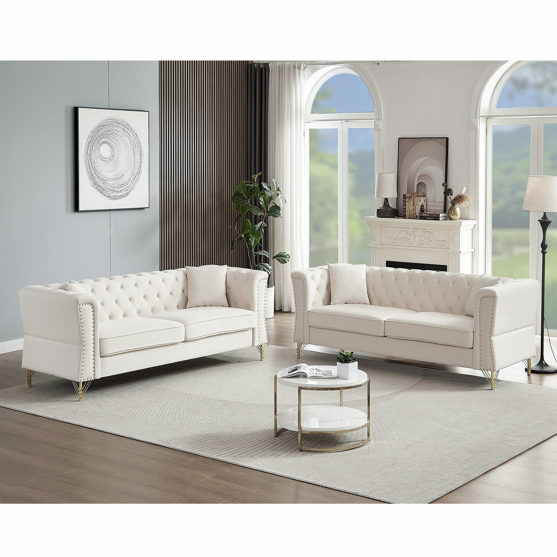 3 Seater 3 Seater Combination Sofa Tufted Couch With Rolled Arms And For Living Room, Bedroom, Office, Apartment, Four Pillows Beige Foam Velvet