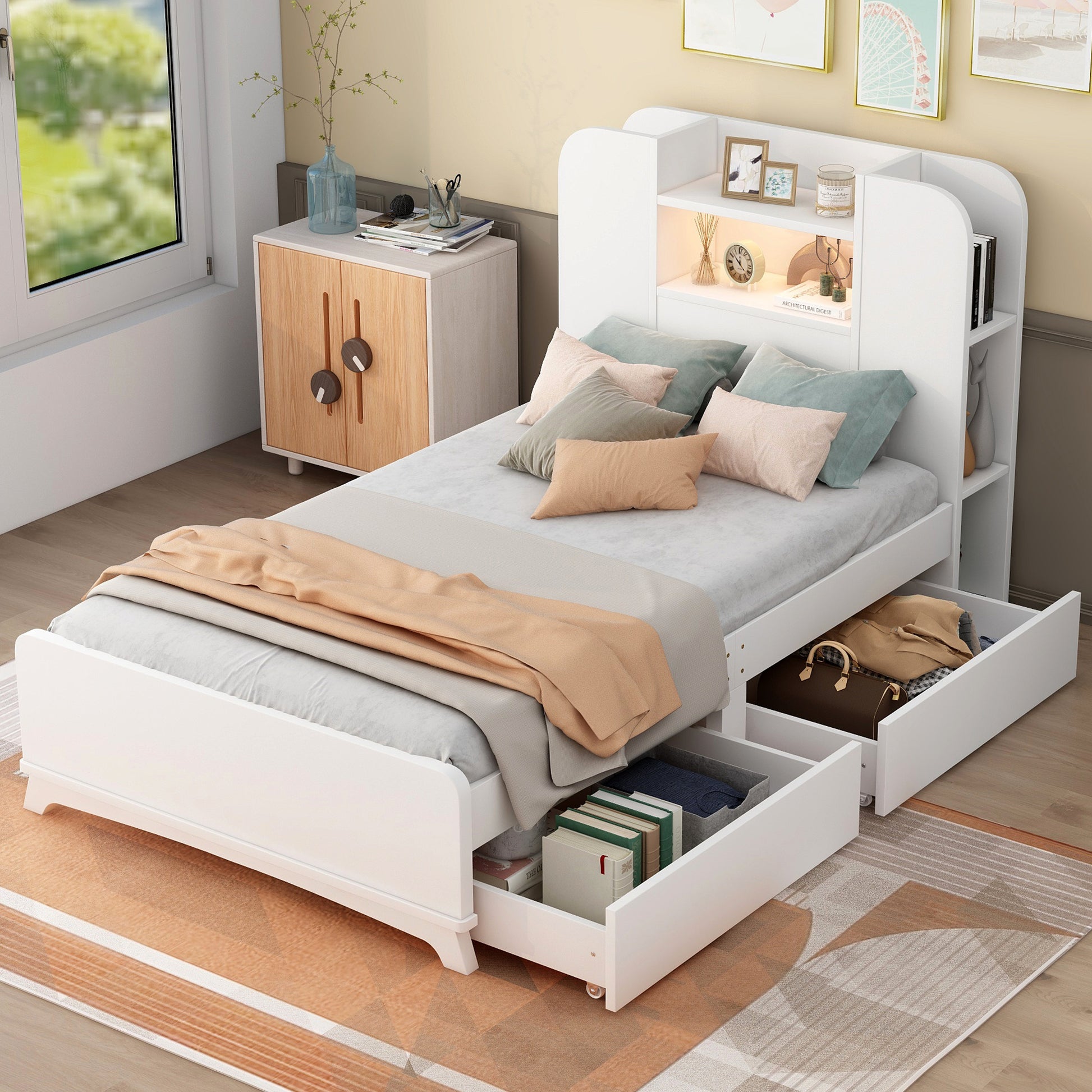 Twin Size Storage Platform Bed Frame With With Two Drawers And Light Strip Design In Headboard,White White Solid Wood Mdf