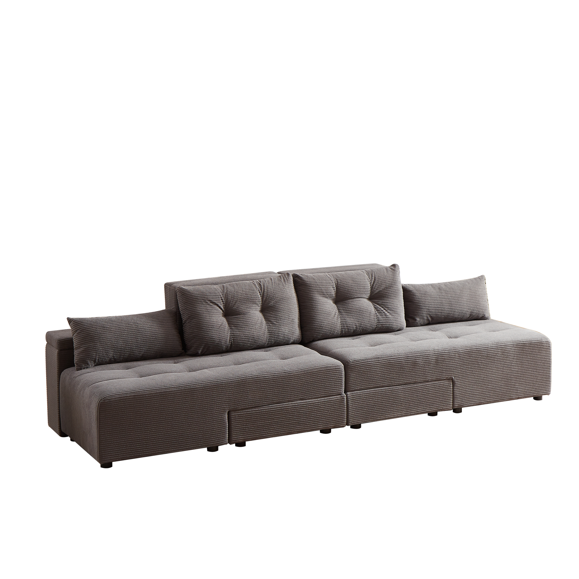 Convertible 3 In 1 Sleeper Sofa And Sectional Sofa With 4 Storage Space For Living Room,Corduroy Couch With 4 Pillows,Corduroy Grey Corduroy 3 Seat