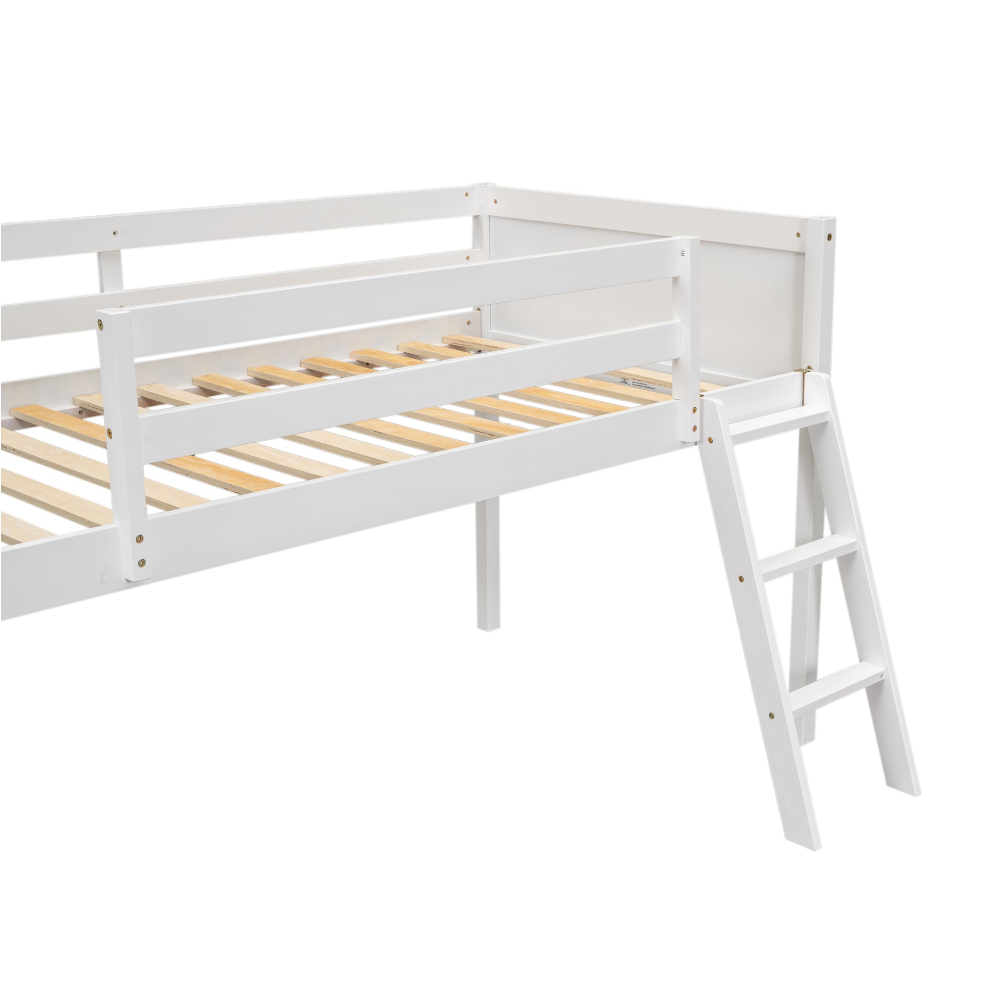 Twin Size Wood Low Loft Bed With Ladder, Ladder Can Be Placed On The Left Or Right, White Box Spring Not Required Twin White Wood Bedroom Solid Wood Mdf