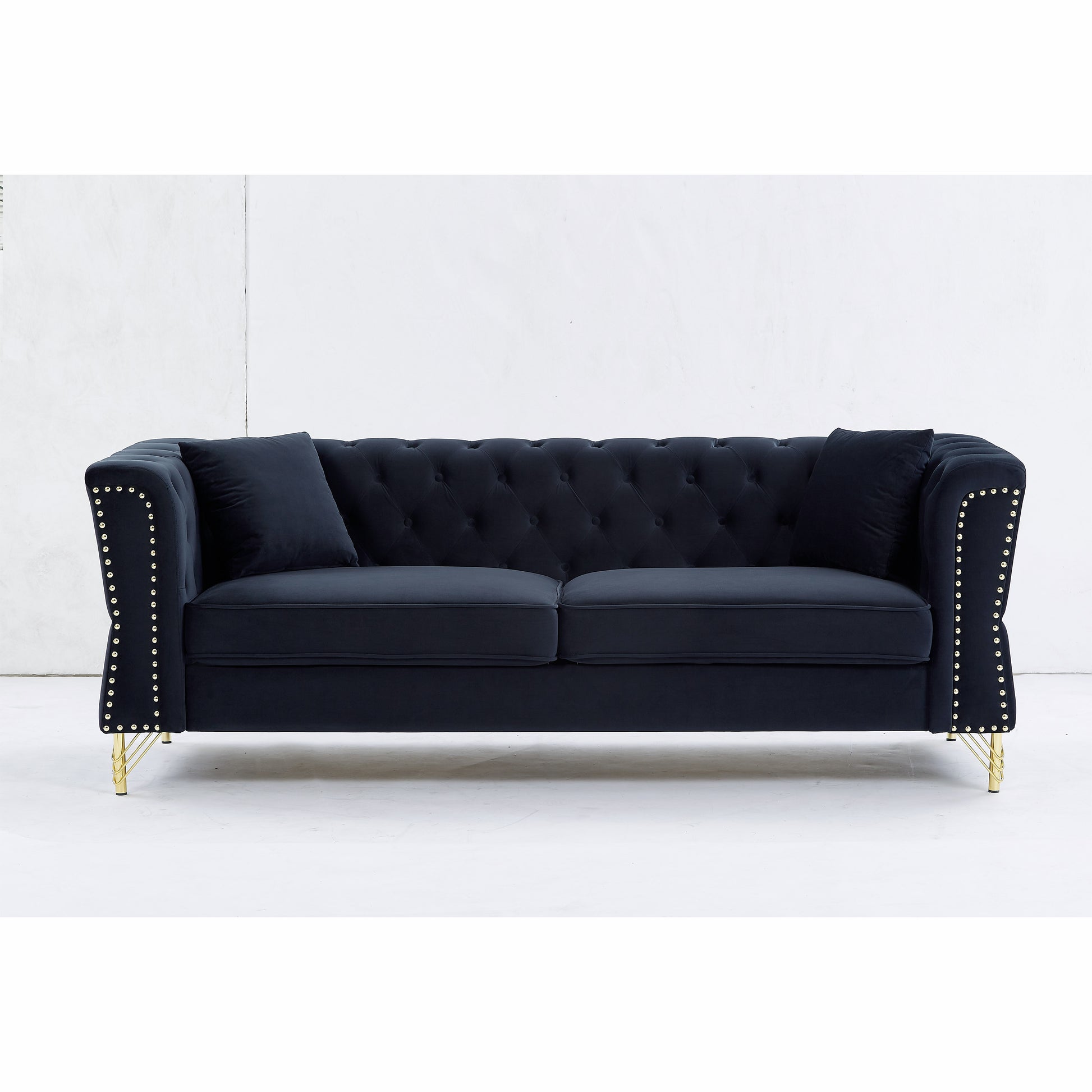81.8" Chesterfield Sofa Grey Velvet For Living Room, 3 Seater Sofa Tufted Couch With Metal Foot And For Living Room, Bedroom, Office, Apartment, Two Pillows Black Foam Velvet