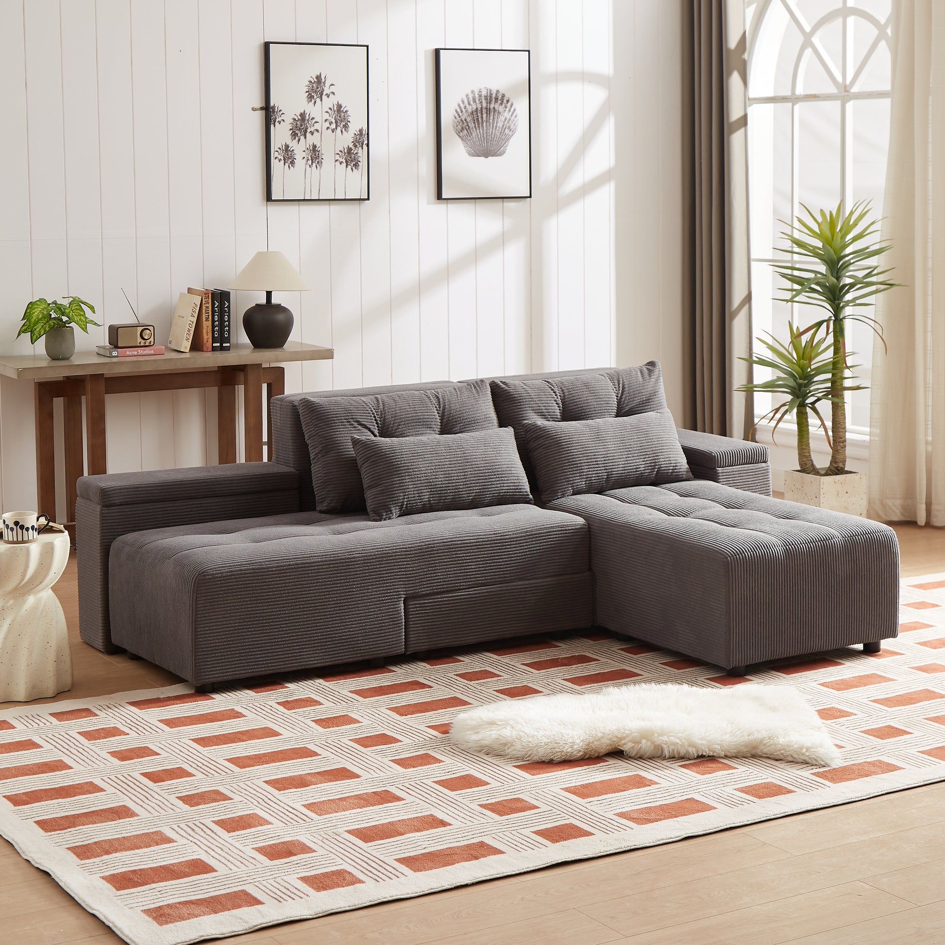 Convertible 3 In 1 Sleeper Sofa And Sectional Sofa With 4 Storage Space For Living Room,Corduroy Couch With 4 Pillows,Corduroy Grey Corduroy 3 Seat