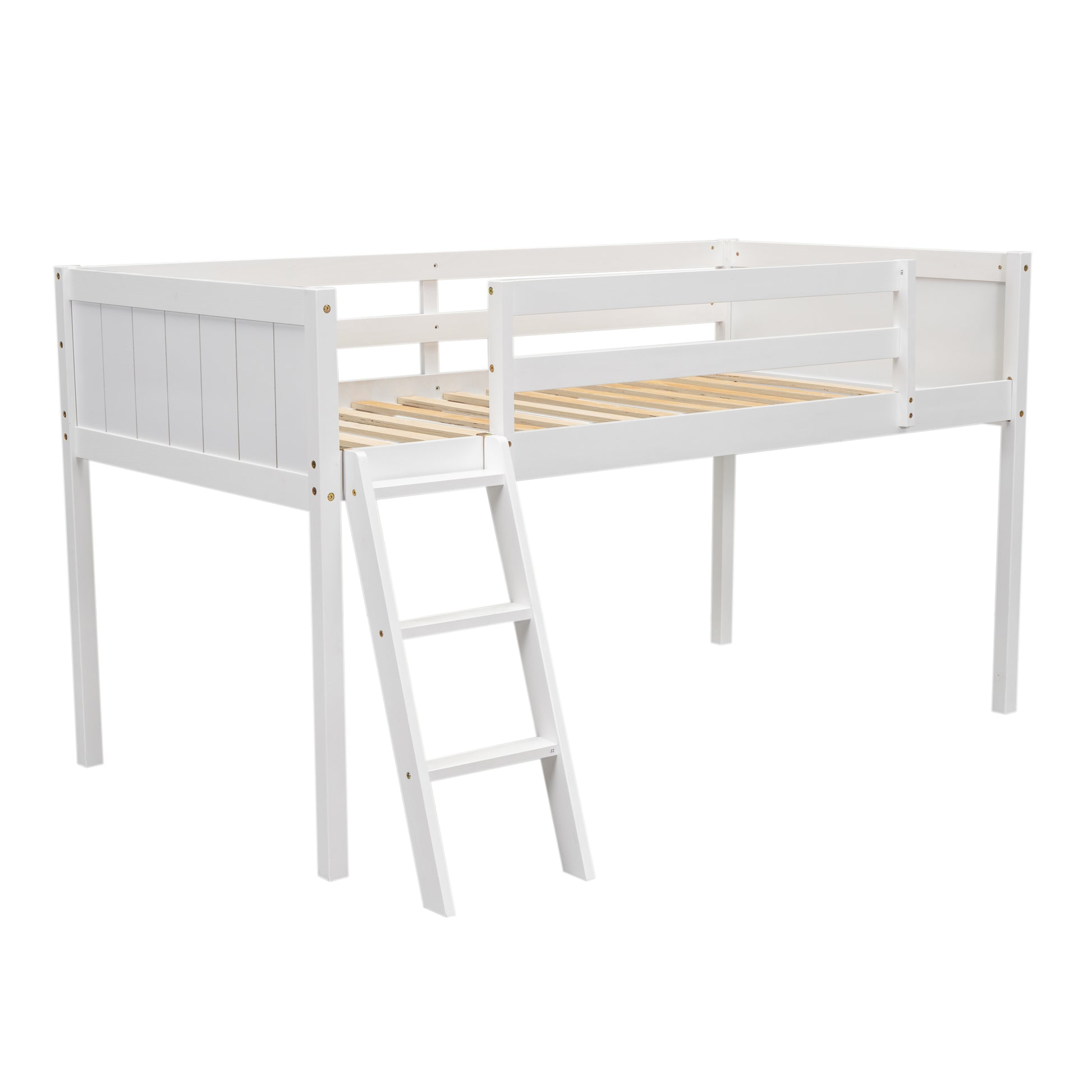 Twin Size Wood Low Loft Bed With Ladder, Ladder Can Be Placed On The Left Or Right, White Box Spring Not Required Twin White Wood Bedroom Solid Wood Mdf