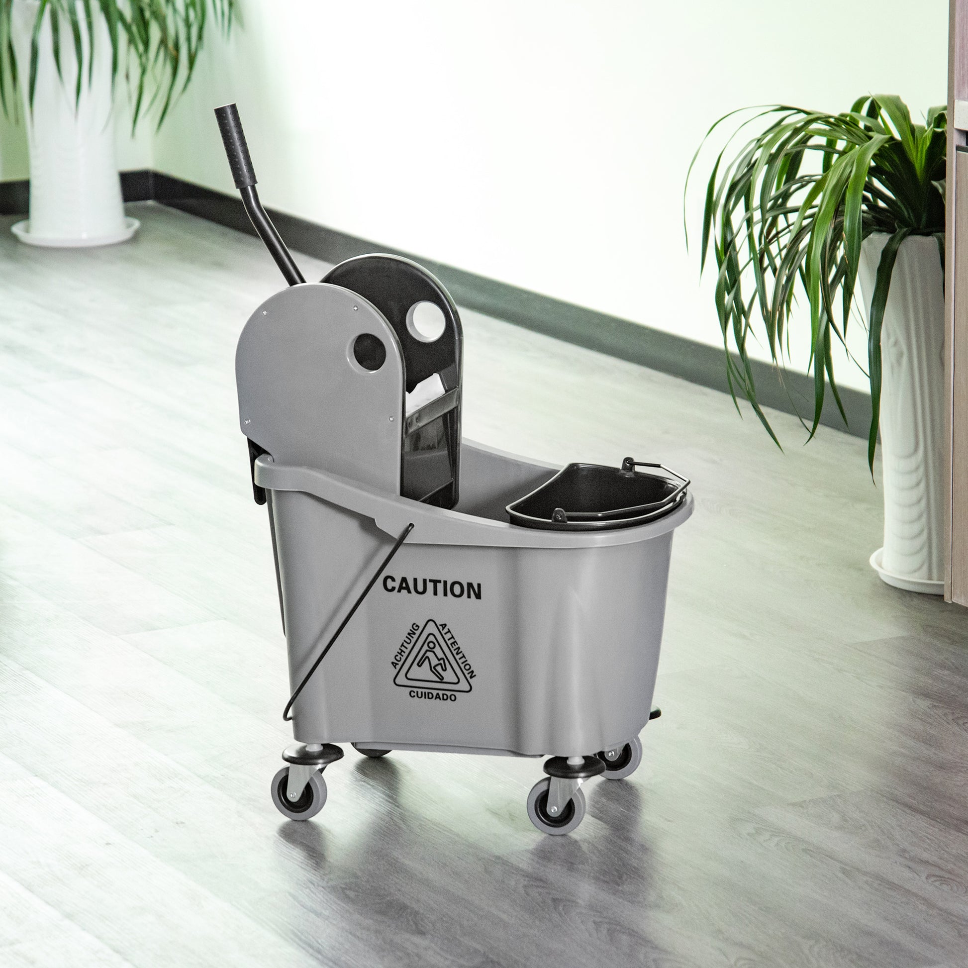 Homcom 9.5 Gallon 38 Quart Mop Bucket With Wringer Cleaning Cart, 4 Moving Wheels, 2 Separate Buckets, & Mop Handle Holder, Grey Gray Plastic