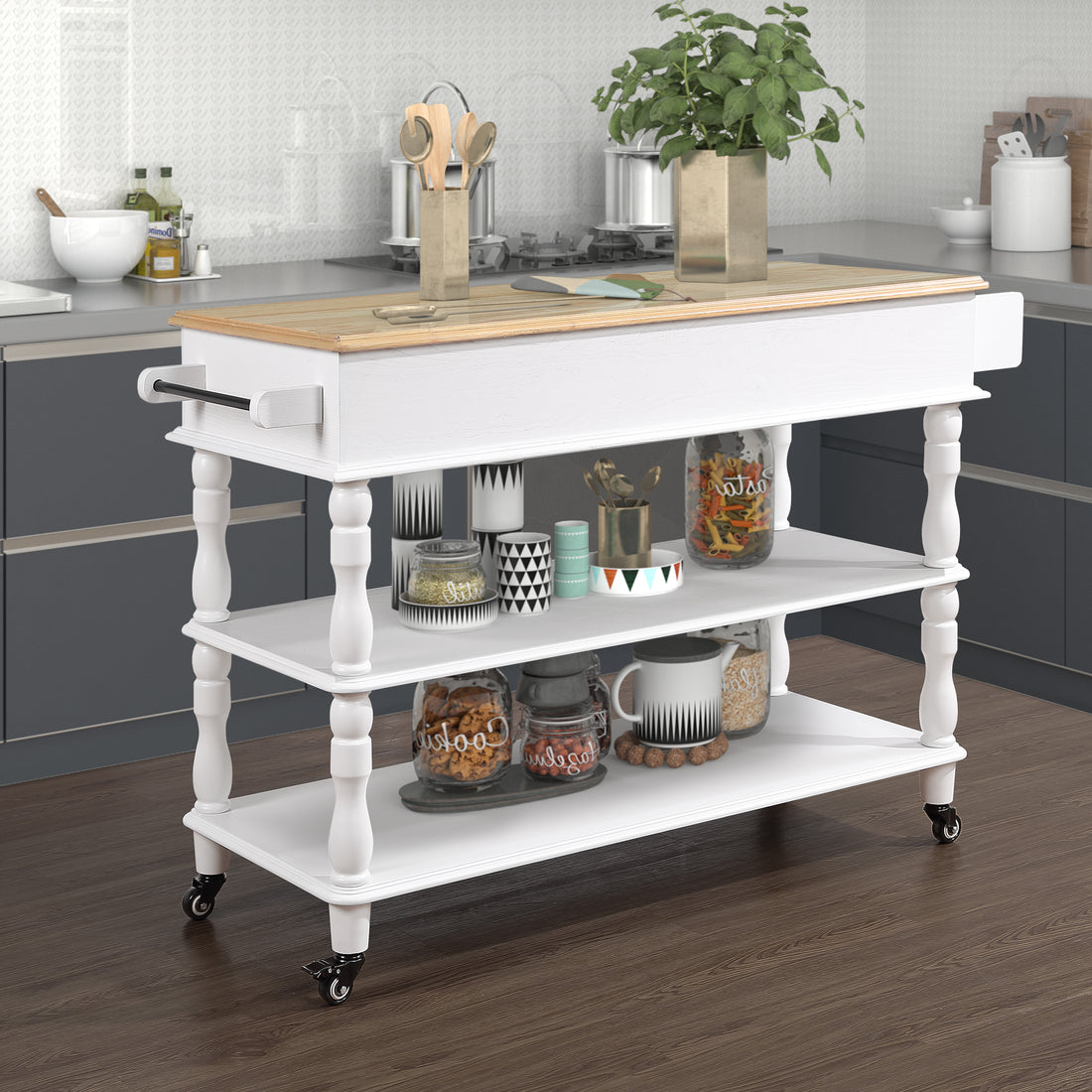 56 Inch Rolling Kitchen Island With Storage,Kitchen Cart With Solid Oak Wood Top,Two Sided Kitchen Island Cart On Wheels ,Wine And Spice Rack, Large Kitchen Cart With 2 Drawers, Milk White Natural Top Milk White Dining Room American Design,Antique