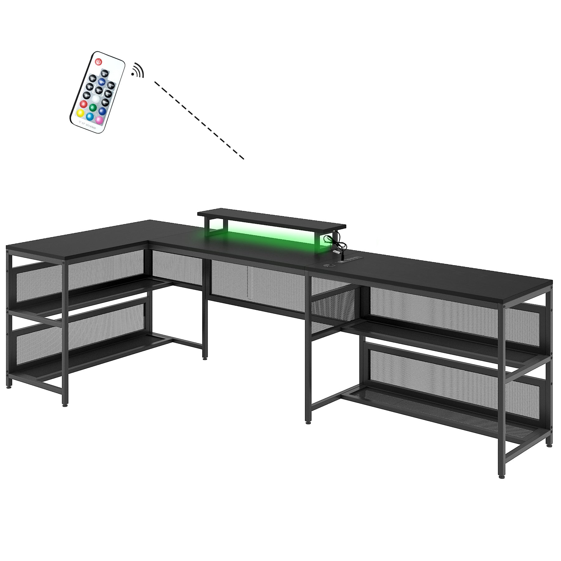 U shaped Desk with Shelve and LED lights black-mdf