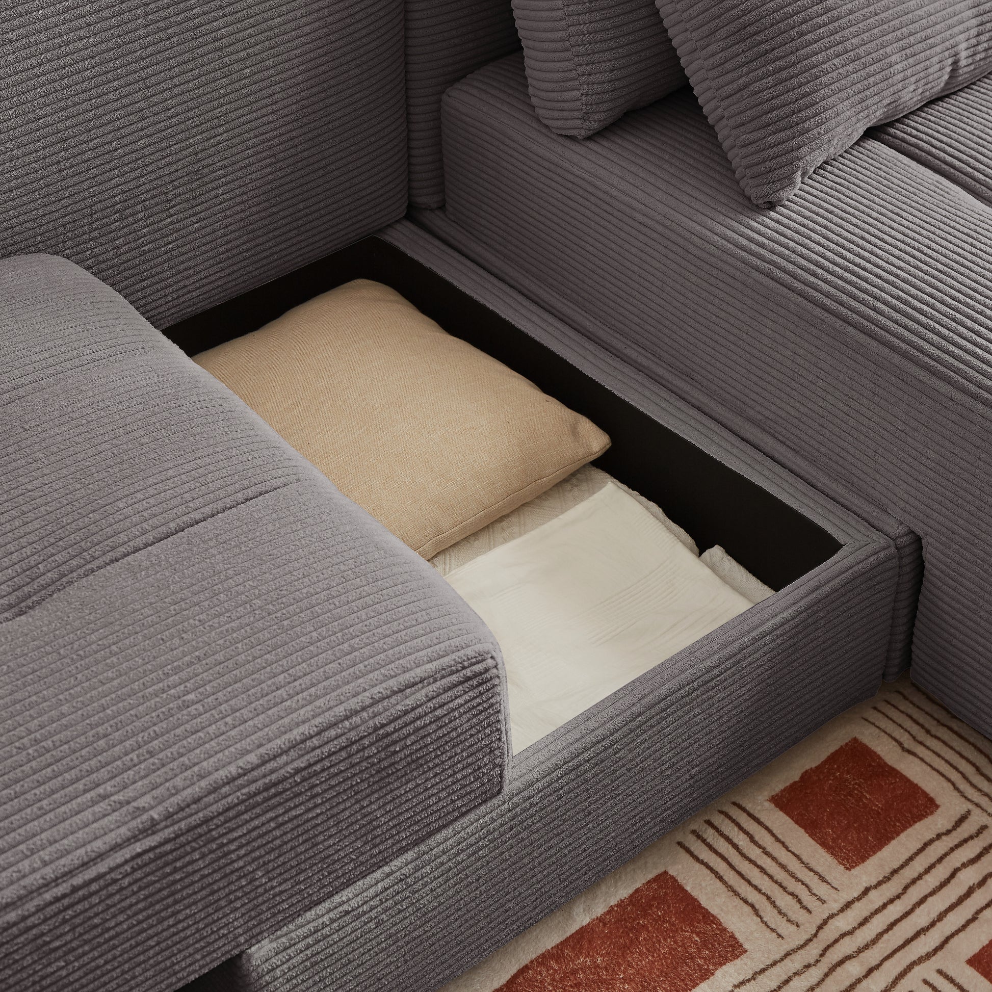 Convertible 3 In 1 Sleeper Sofa And Sectional Sofa With 4 Storage Space For Living Room,Corduroy Couch With 4 Pillows,Corduroy Grey Corduroy 3 Seat