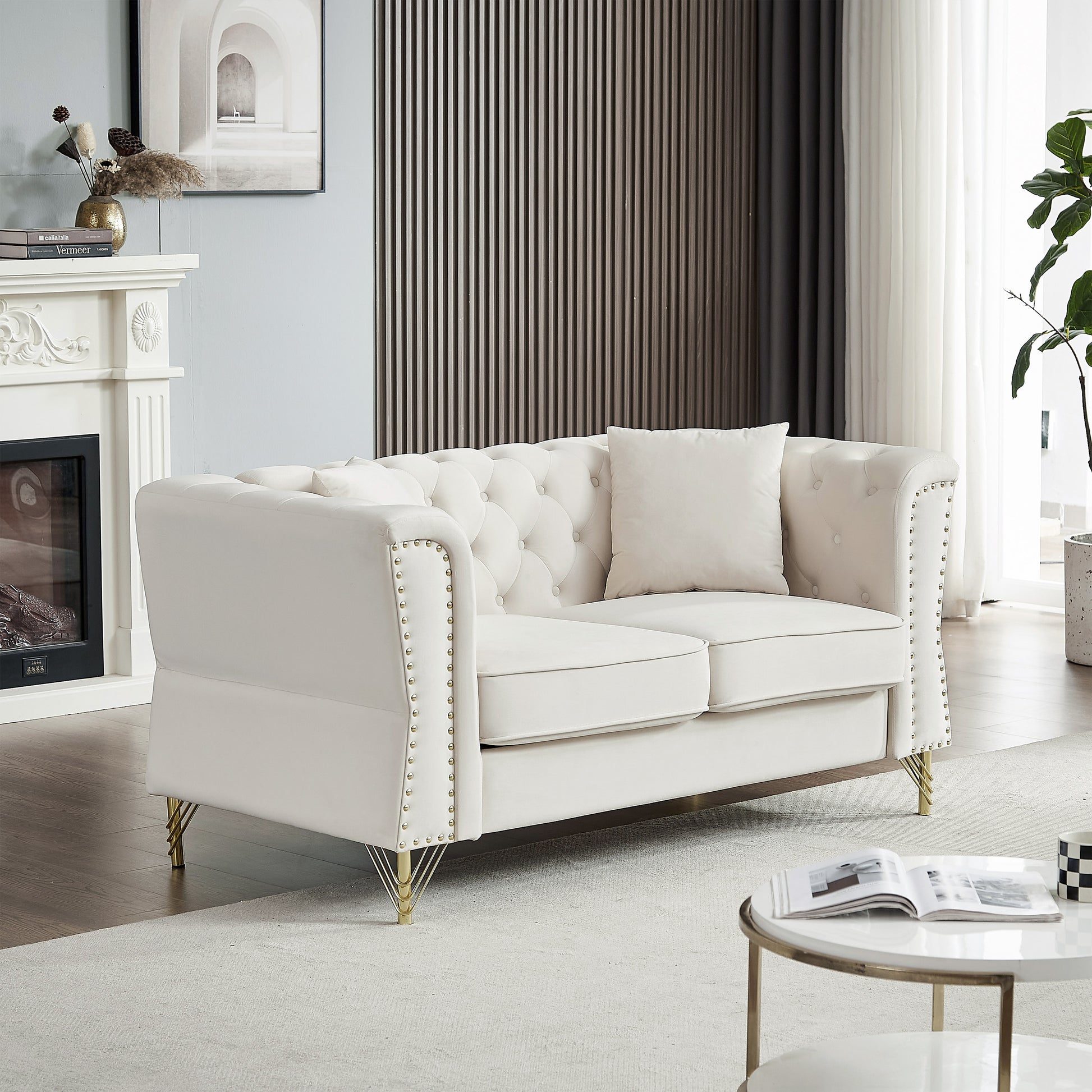 3 Seater 3 Seater Combination Sofa Tufted Couch With Rolled Arms And For Living Room, Bedroom, Office, Apartment, Four Pillows Beige Foam Velvet