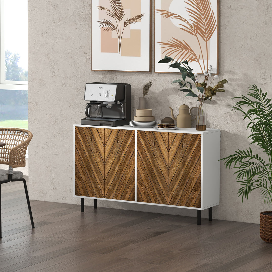 Homcom Modern Kitchen Sideboard Buffet Cabinet With Adjustable Shelves, 48" Coffee Bar Cabinet With Chevron Doors And Pine Wood Legs, Brown Brown Particle Board