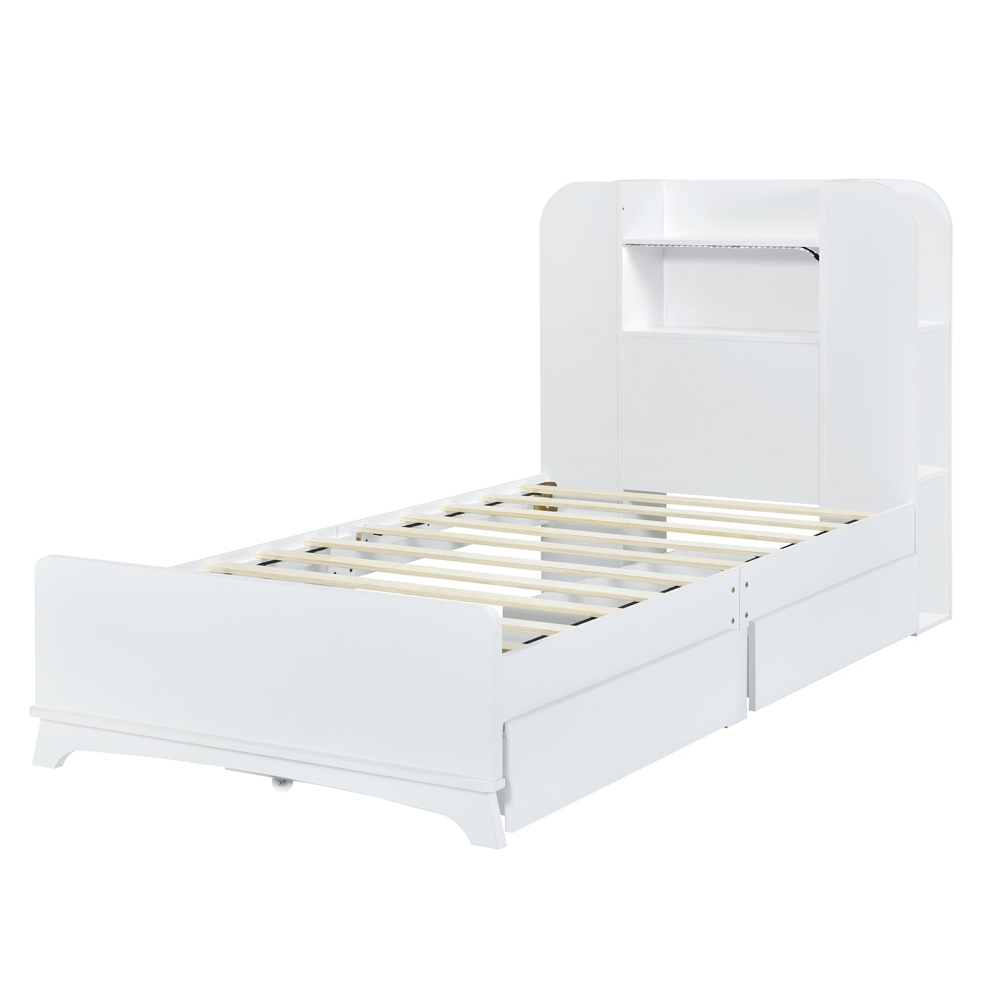 Twin Size Storage Platform Bed Frame With With Two Drawers And Light Strip Design In Headboard,White White Solid Wood Mdf