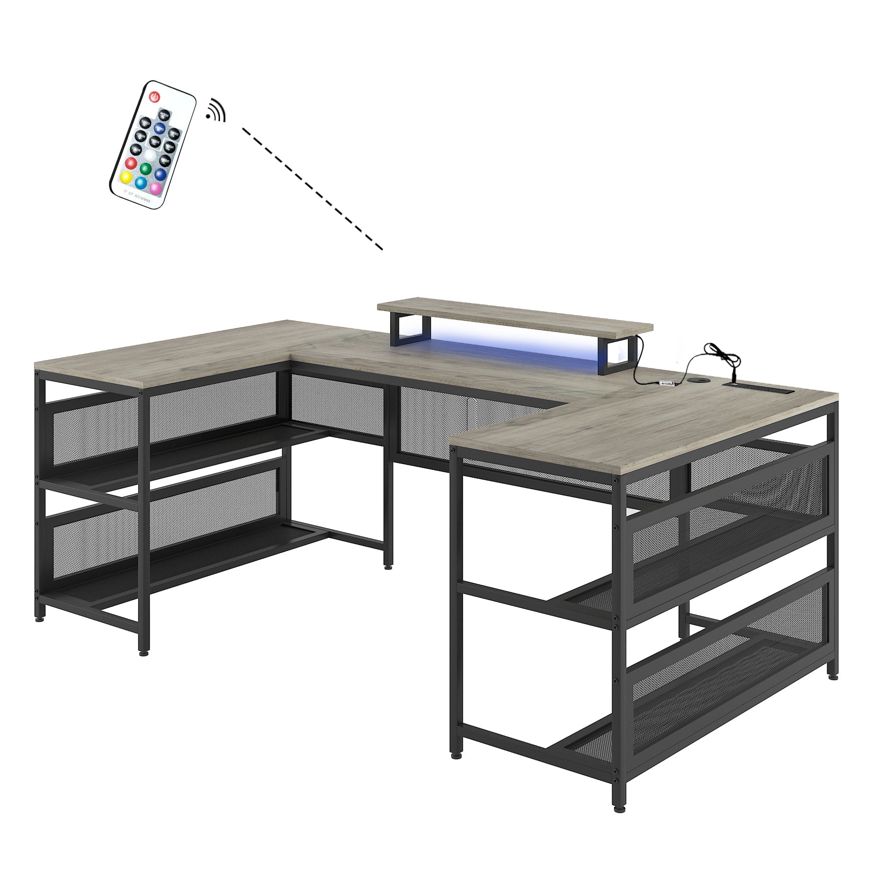 U shaped Desk with Shelve and LED lights gray-mdf