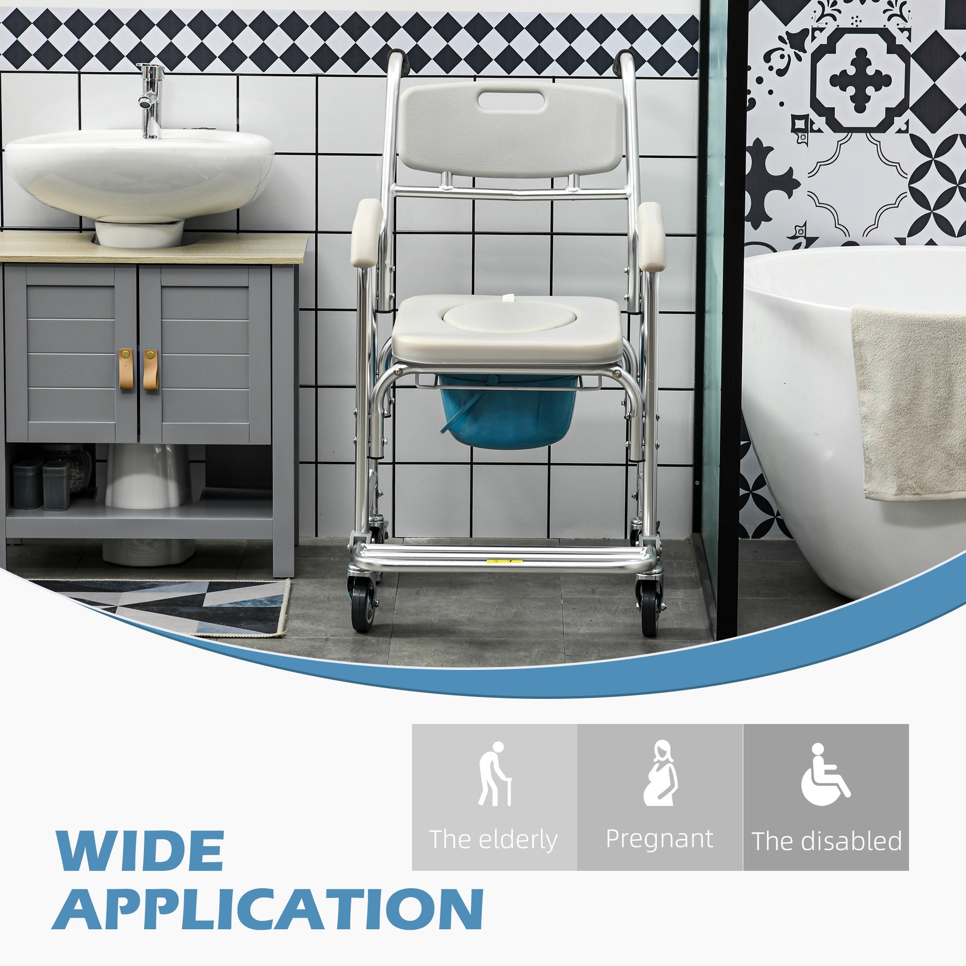 Homcom 3 In 1 Shower Commode Wheelchair, Transport Beside Commode Chair, Waterproof Rolling Over Toilet Chair 330 Lbs. Weight Capacity With Padded Seat, Gray Gray Aluminum