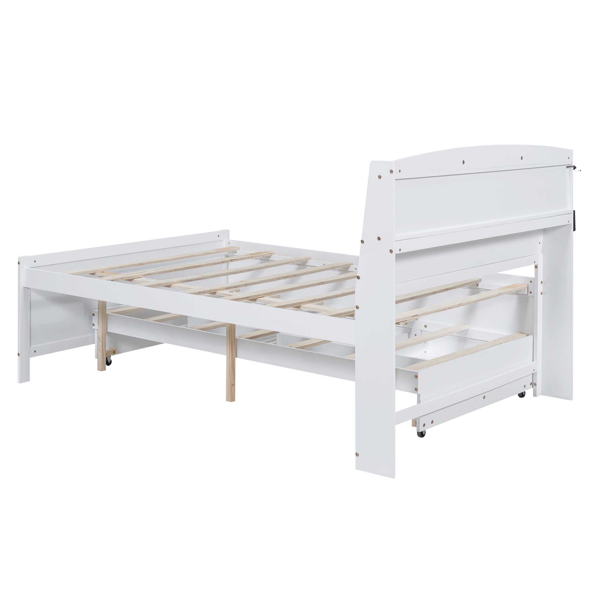 Full Size Platform Bed With Storage Led Headboard, Twin Size Trundle And 3 Drawers, White Box Spring Not Required Full White Bedroom Bed Frame Solid Wood Mdf