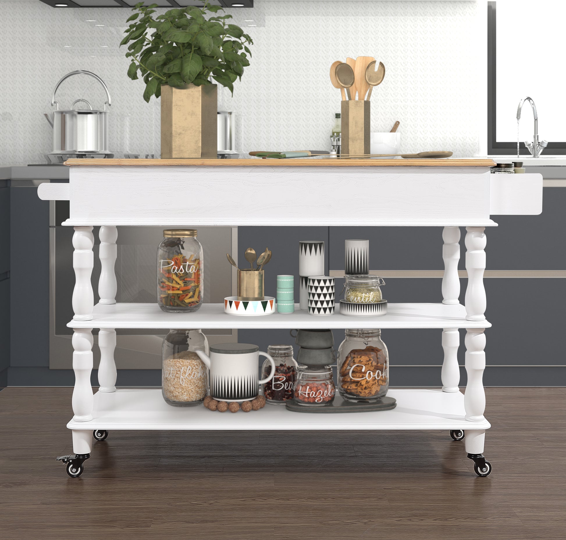 56 Inch Rolling Kitchen Island With Storage,Kitchen Cart With Solid Oak Wood Top,Two Sided Kitchen Island Cart On Wheels ,Wine And Spice Rack, Large Kitchen Cart With 2 Drawers, Milk White Natural Top Milk White Dining Room American Design,Antique