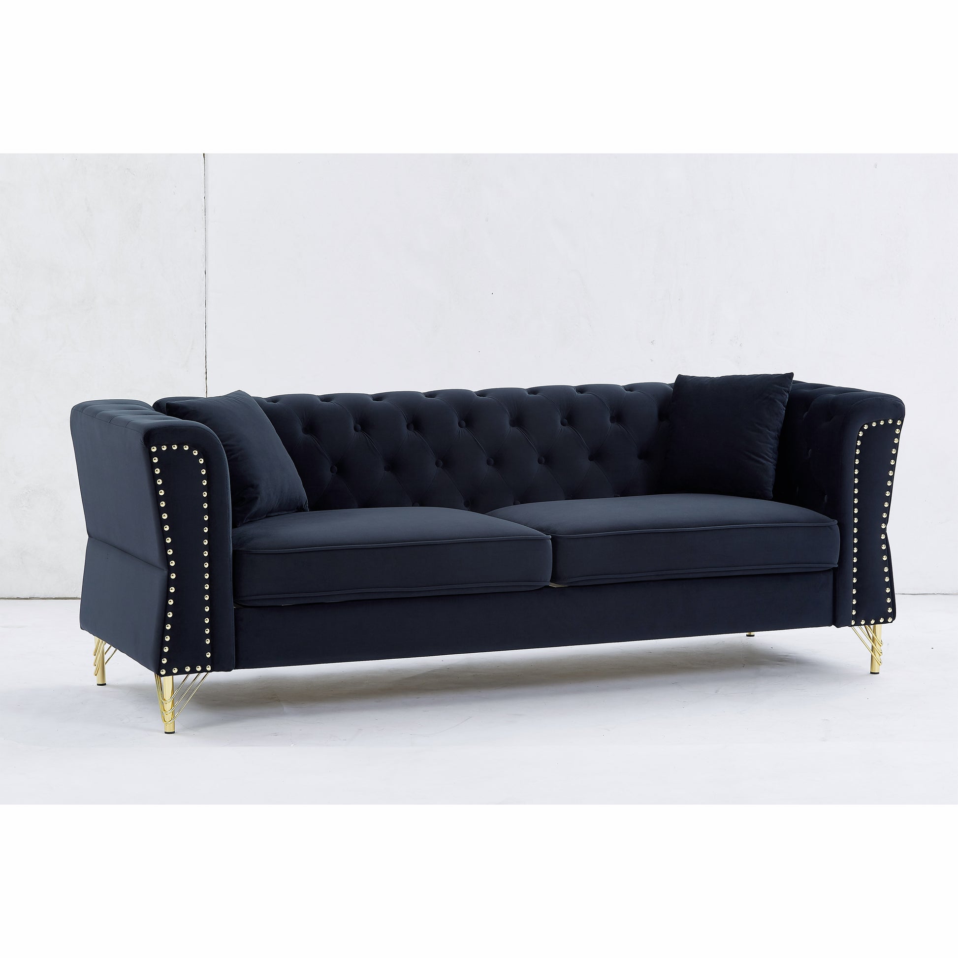 3 Seater 3 Seater Combination Sofa Tufted Couch With Rolled Arms And For Living Room, Bedroom, Office, Apartment, Four Pillows Black Foam Velvet