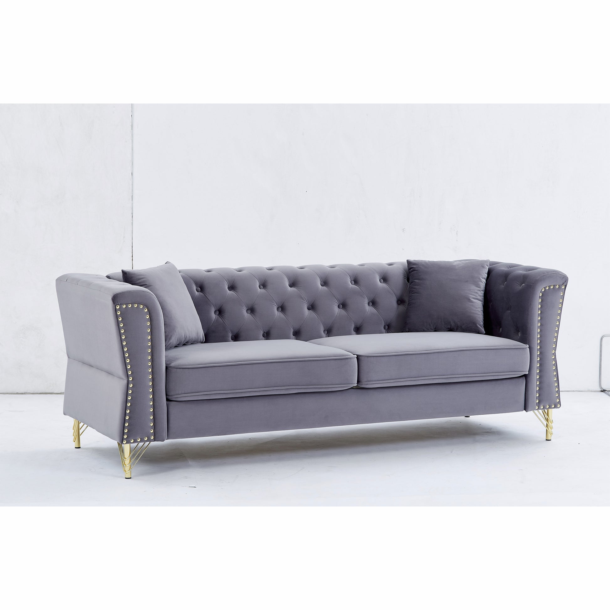 3 Seater 2 Seater Combination Sofa Tufted Couch With Rolled Arms And For Living Room, Bedroom, Office, Apartment, Four Pillows Grey Foam Velvet