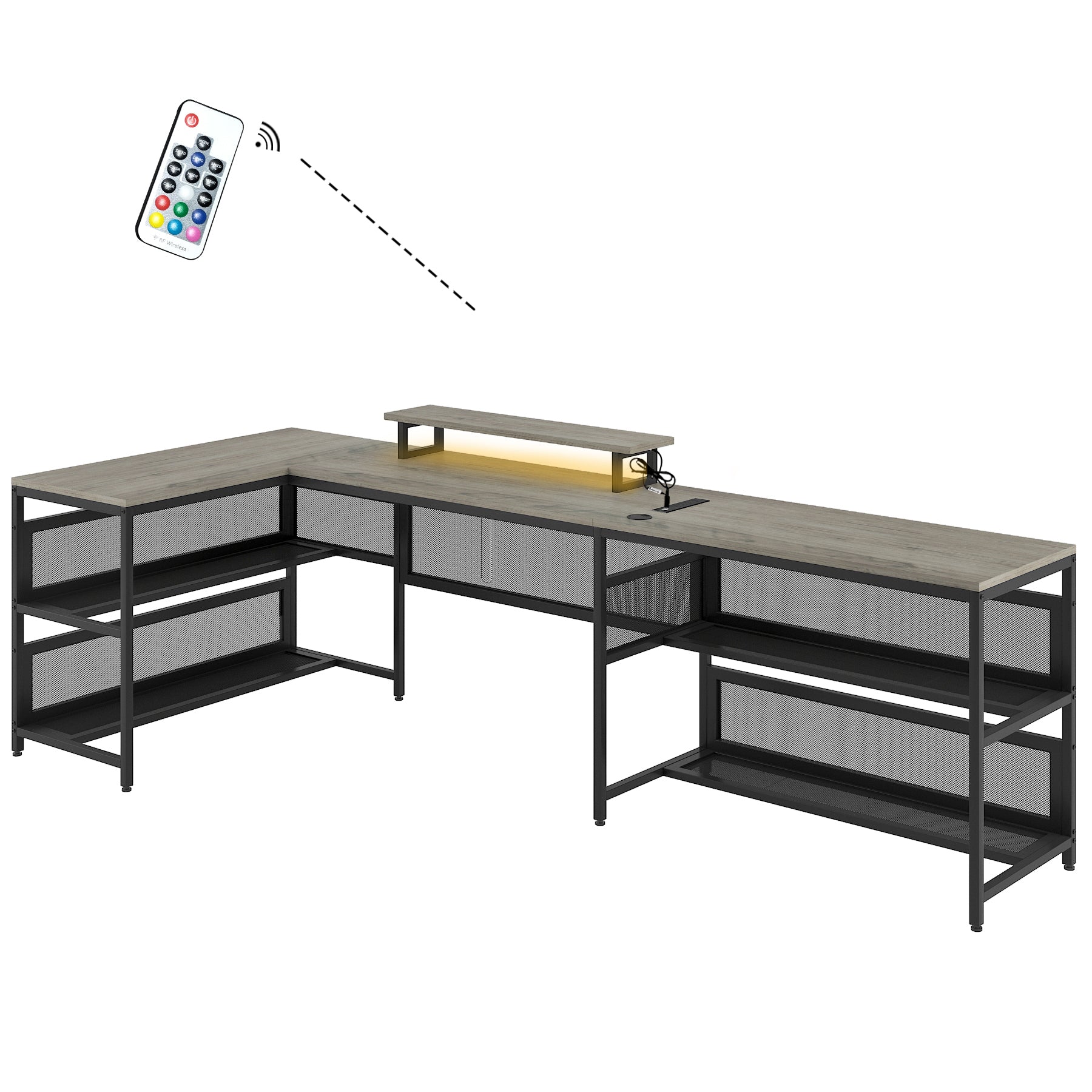 U shaped Desk with Shelve and LED lights gray-mdf