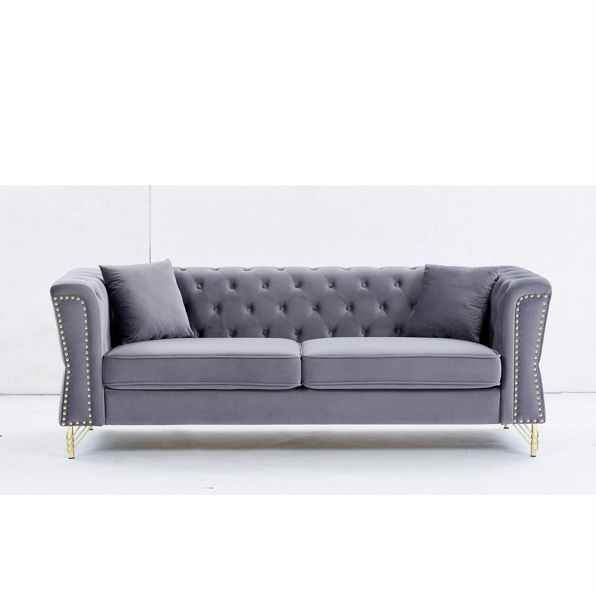 81.8" Chesterfield Sofa Grey Velvet For Living Room, 3 Seater Sofa Tufted Couch With Metal Foot And For Living Room, Bedroom, Office, Apartment, Two Pillows Grey Foam Velvet