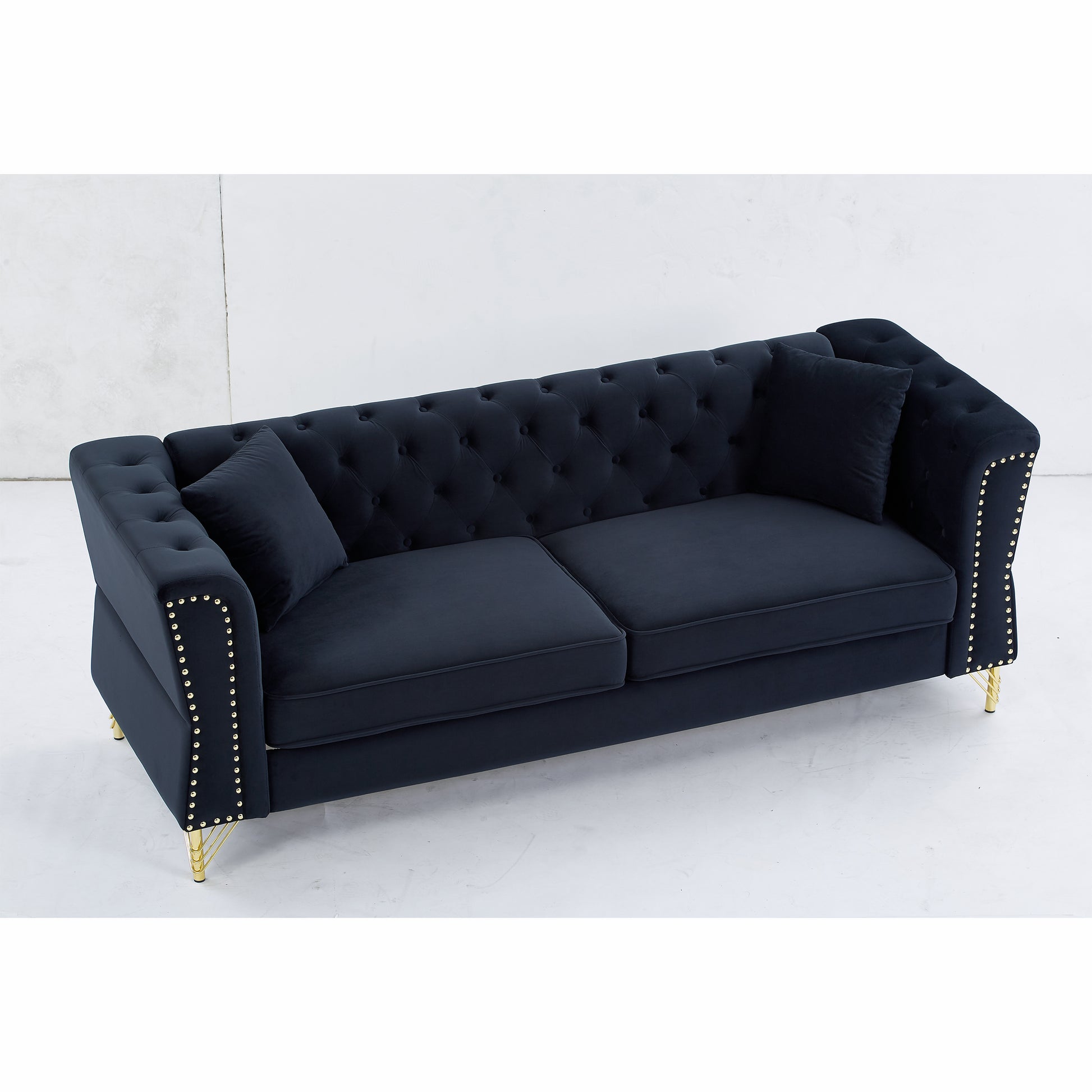 3 Seater 3 Seater Combination Sofa Tufted Couch With Rolled Arms And For Living Room, Bedroom, Office, Apartment, Four Pillows Black Foam Velvet