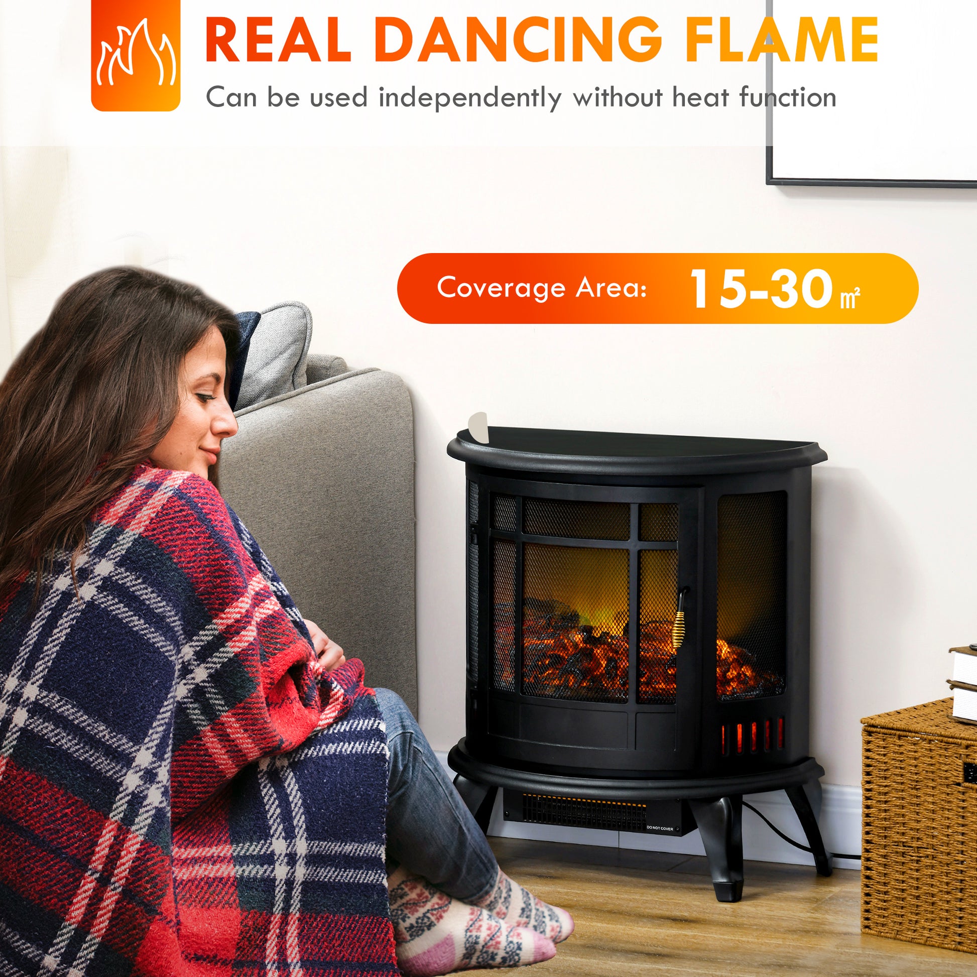 Homcom 22" Electric Fireplace Stove, Freestanding Electric Fire Place Heater With Realistic Led Flame, Adjustable Temperature, 1500W, Black Black Polypropylene