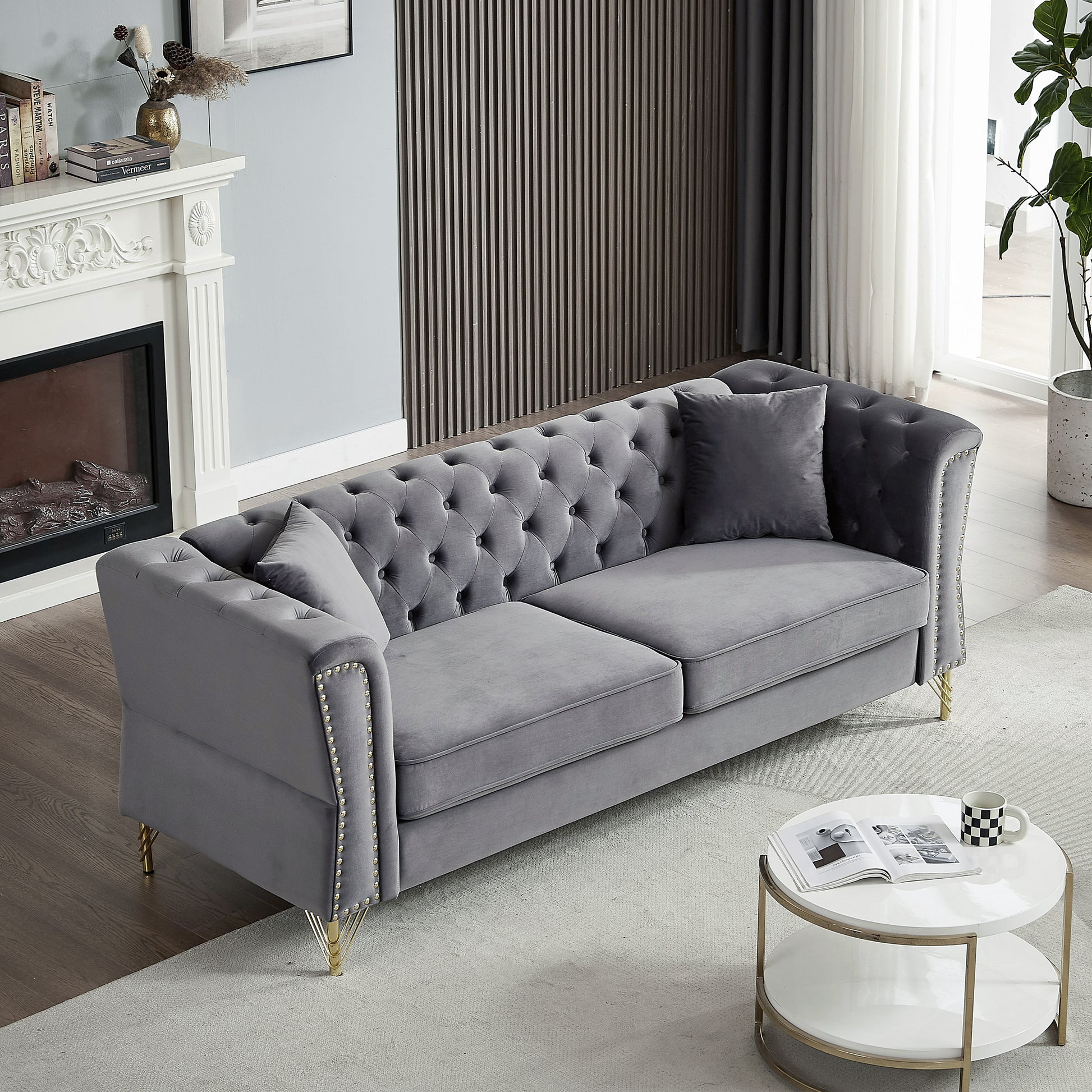 81.8" Chesterfield Sofa Grey Velvet For Living Room, 3 Seater Sofa Tufted Couch With Metal Foot And For Living Room, Bedroom, Office, Apartment, Two Pillows Grey Foam Velvet