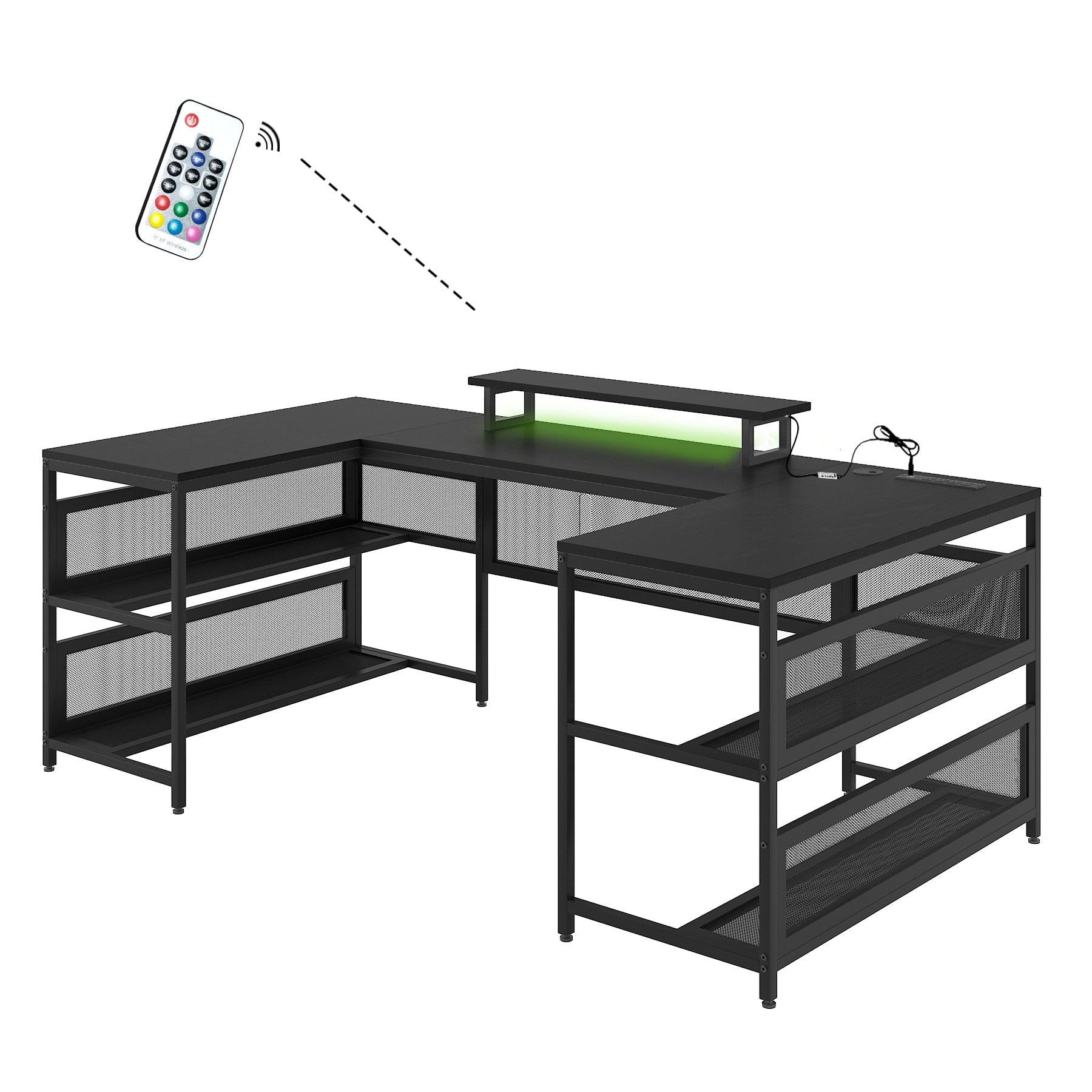 U shaped Desk with Shelve and LED lights black-mdf