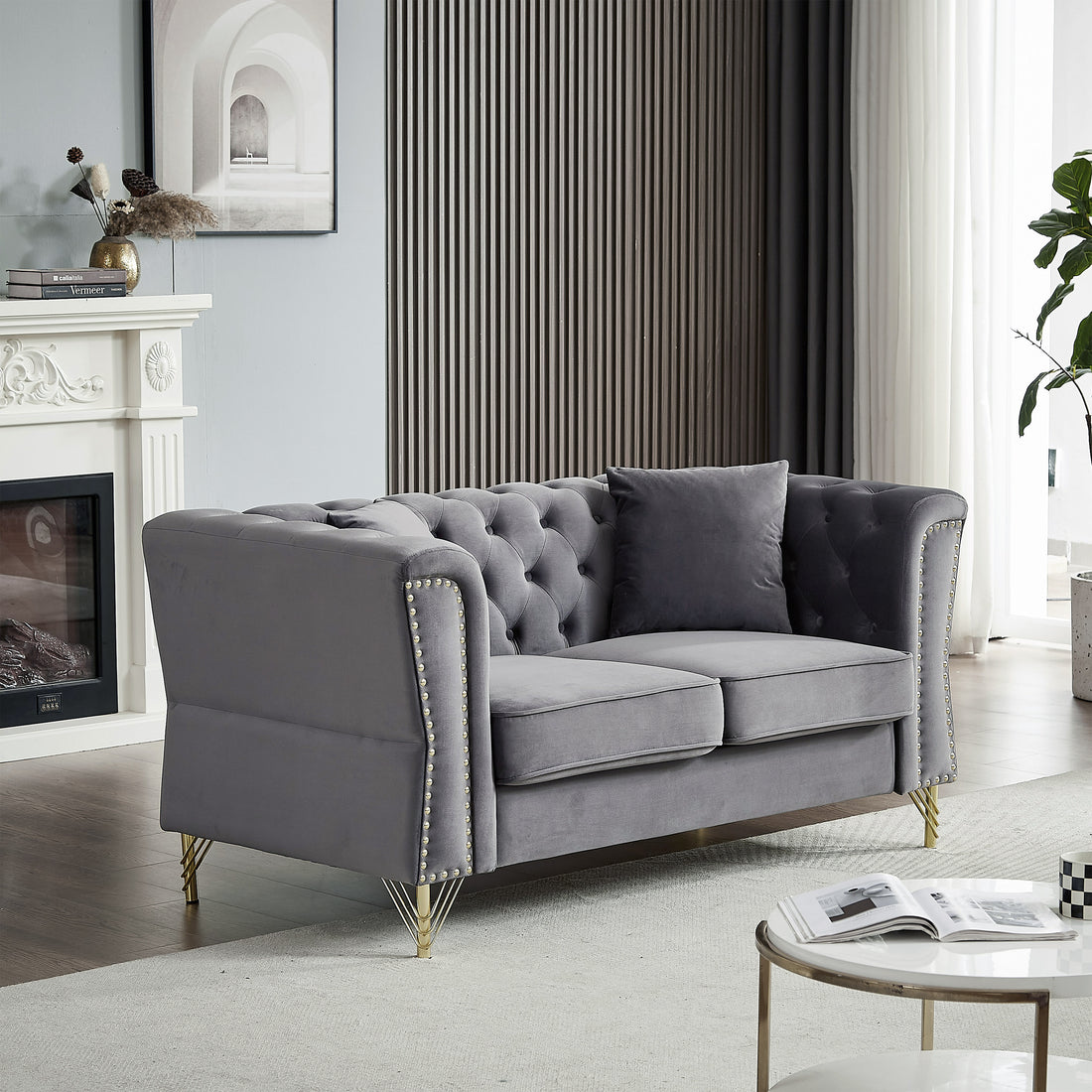60.2" Chesterfield Sofa Beige Velvet For Living Room, 2 Seater Sofa Tufted Couch With Metal Foot And For Living Room, Bedroom, Office, Apartment, Two Pillows Grey Foam Velvet