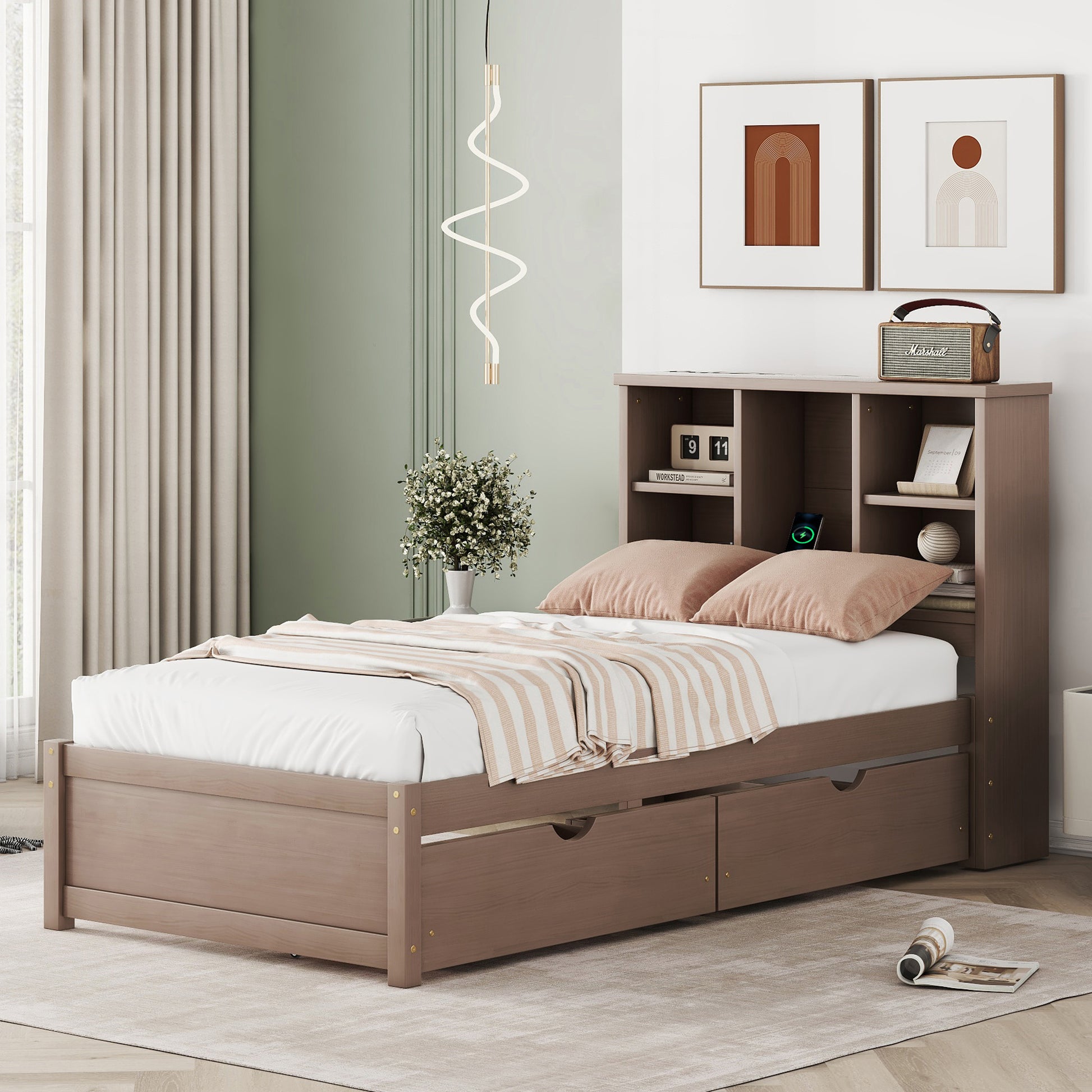 Modern Twin Size Bed Frame With Built In Usb Port On Bookcase Headboard And 2 Drawers For Walnut Color Box Spring Not Required Twin Walnut Bedroom Bed Frame Particle Board