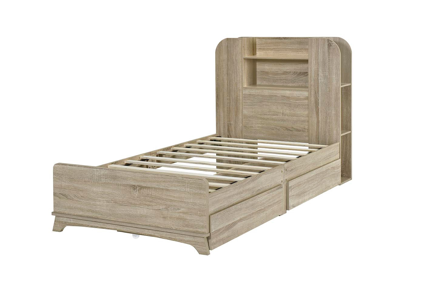 Twin Size Storage Platform Bed Frame With With Two Drawers And Light Strip Design In Headboard,Oak Twin Natural Solid Wood Mdf