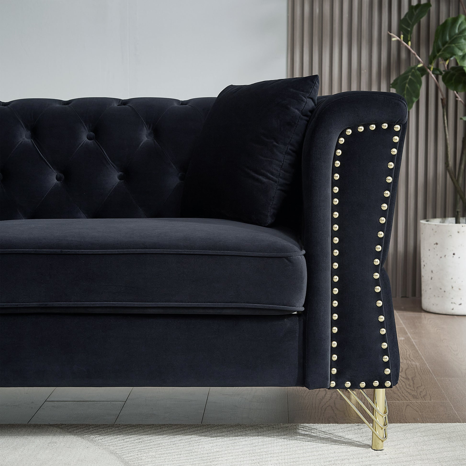 3 Seater 3 Seater Combination Sofa Tufted Couch With Rolled Arms And For Living Room, Bedroom, Office, Apartment, Four Pillows Black Foam Velvet