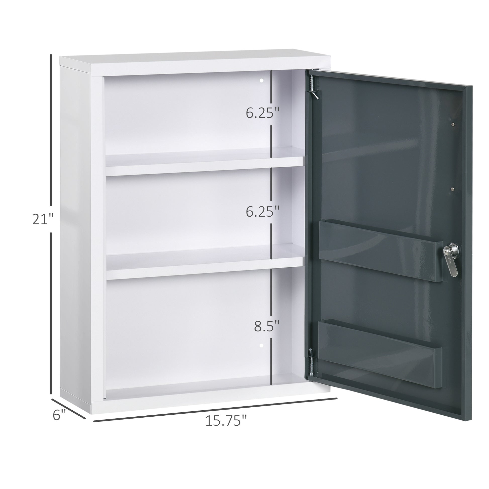 Kleankin Bathroom Medicine Cabinet With Shelves Inside & On Door, Locking Medical Cabinet For Child & Pet Safety, First Aid Bathroom Wall Cabinet, White And Grey Gray Steel