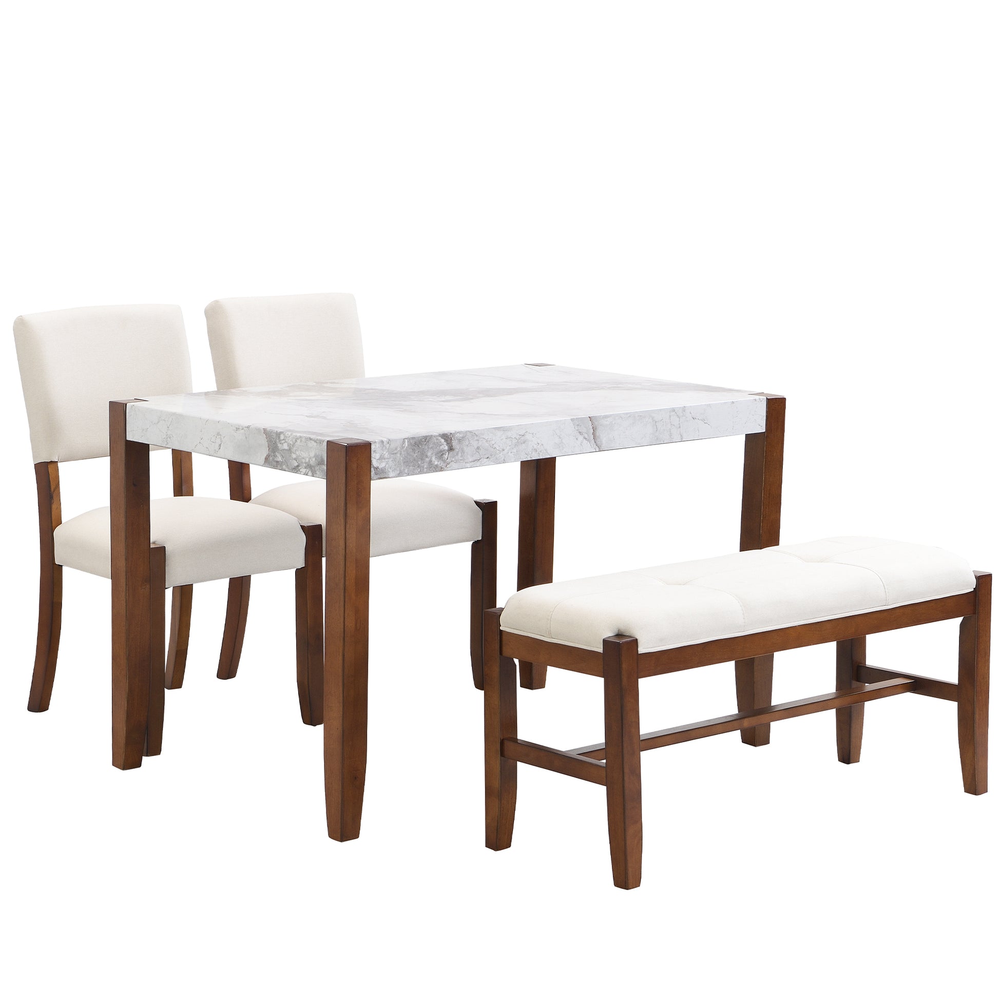 4 Piece Modern Dining Furniture Set, 4 Person Space Saving Dinette For Kitchen, 46" Faux Marble Style Table And 2 Upholstered Chairs & Bench With Wood Legs Off White Rubber Wood