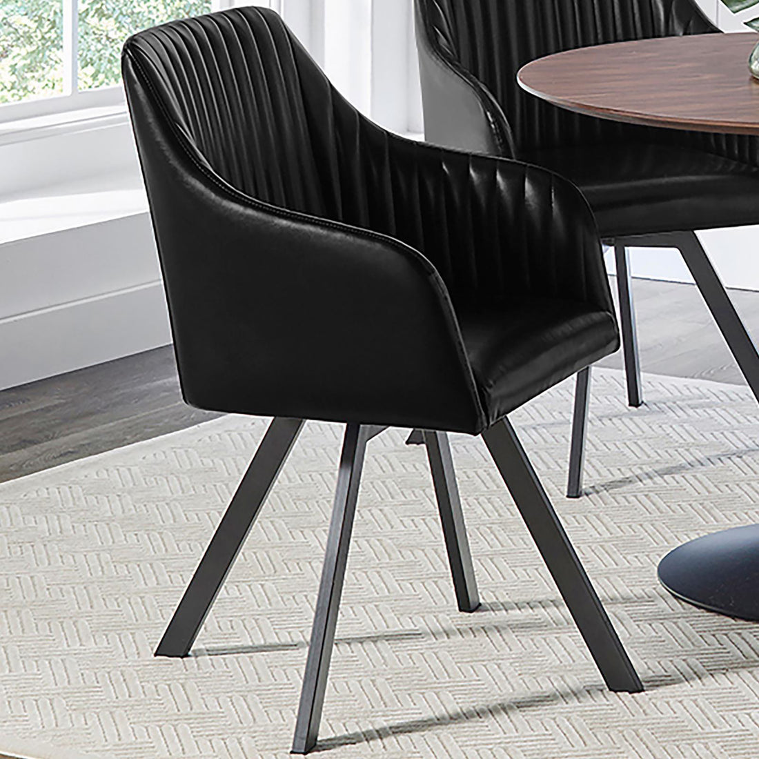 Black Channeled Sloped Arm Swivel Chair Black Dining Room Spot Clean Industrial Arm Chair Tufted Back Foam Upholstered