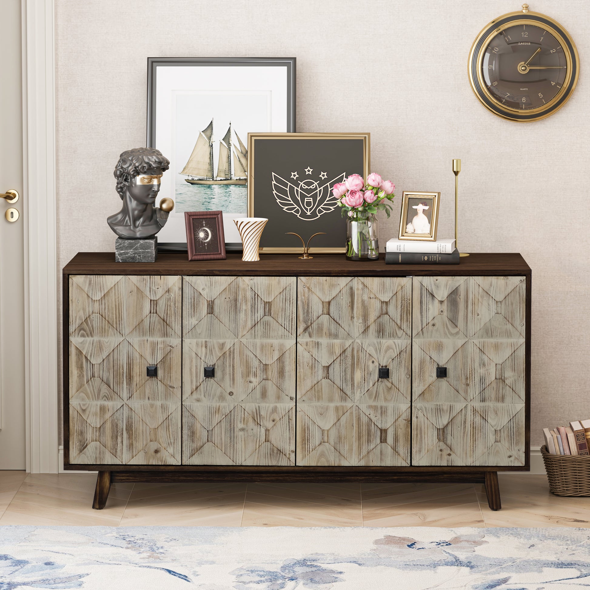 59.84" 4 Doors Vintage Sideboard ,Freestanding Sideboard Storage Cabinet Entryway Floor Cabinet For Living Room Office Bedroom,Natural Natural Mdf Metal