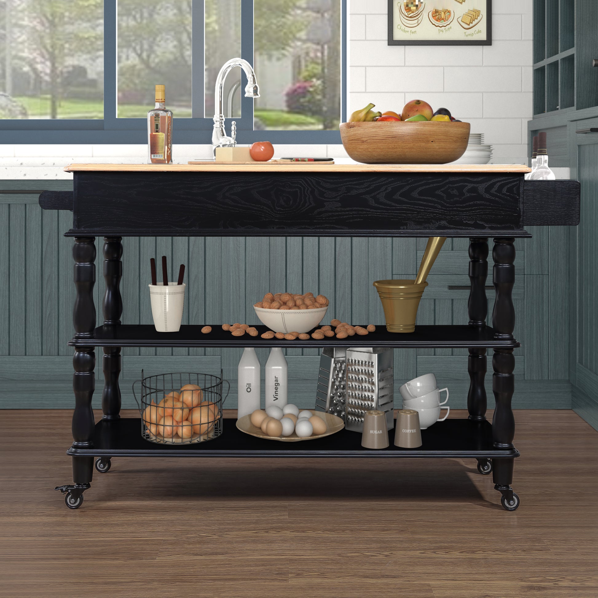 56 Inch Rolling Kitchen Island With Storage,Kitchen Cart With Solid Oak Wood Top,Two Sided Kitchen Island Cart On Wheelswine And Spice Rack, Large Kitchen Cart With 2 Drawers, Black Natural Top Black Natural Dining Room American Design,Antique