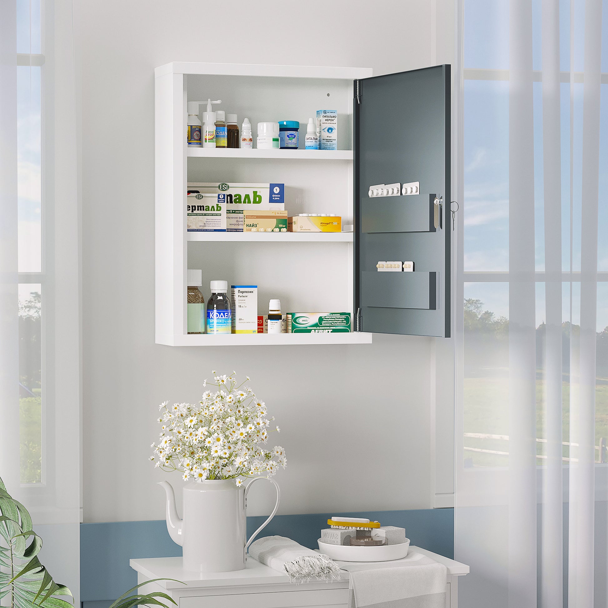 Kleankin Bathroom Medicine Cabinet With Shelves Inside & On Door, Locking Medical Cabinet For Child & Pet Safety, First Aid Bathroom Wall Cabinet, White And Grey Gray Steel