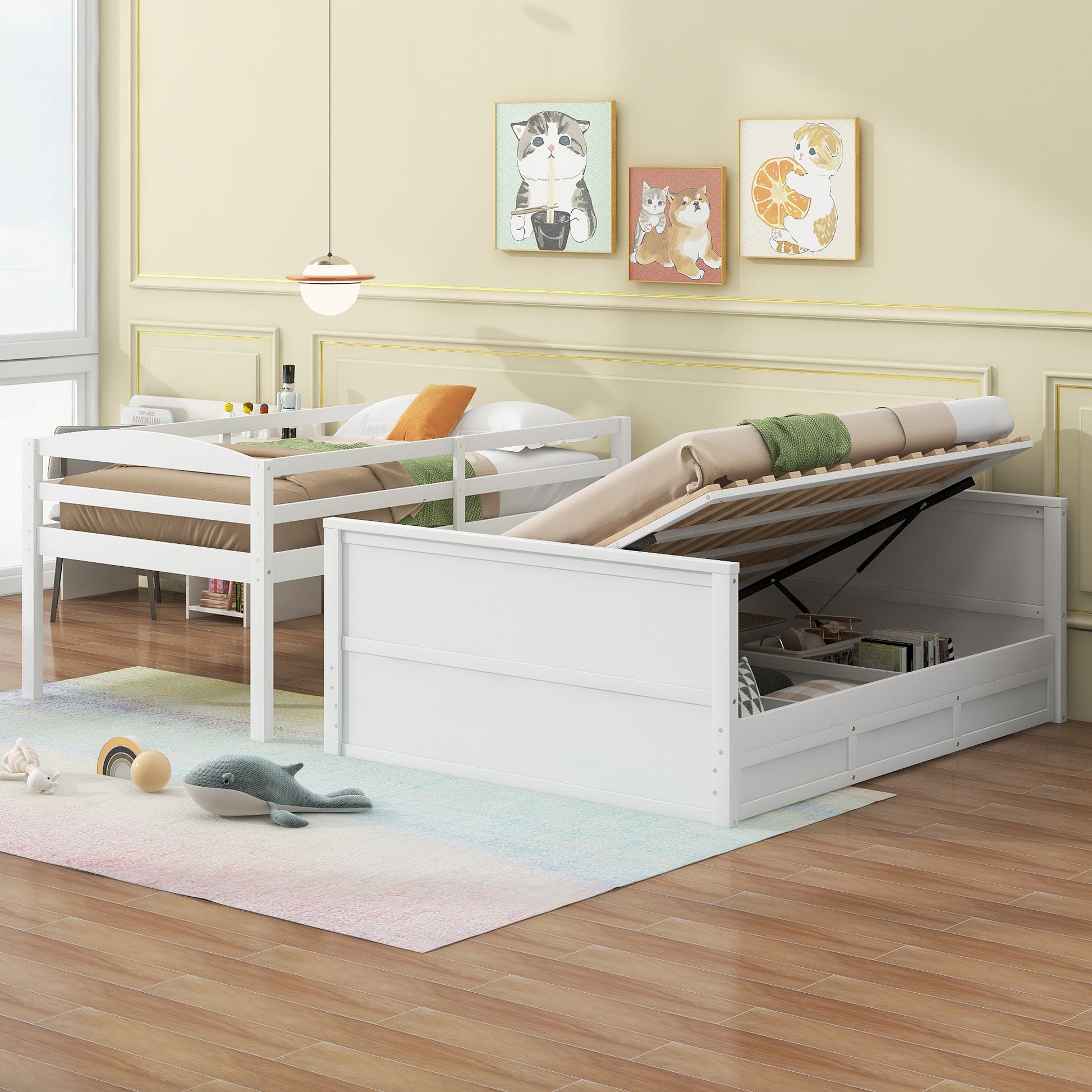 Wood Twin Over Full Bunk Bed With Hydraulic Lift Up Storage, White Box Spring Not Required White Wood Solid Wood Mdf