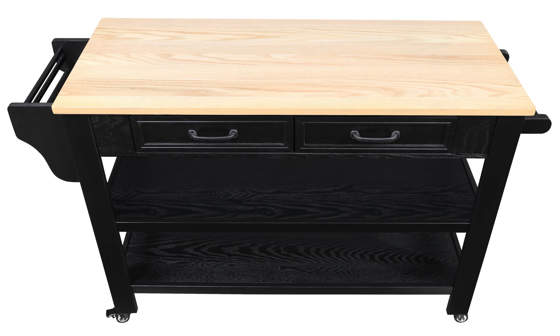 57 Inch Rolling Kitchen Island With Storage,Kitchen Cart With Solid Oak Wood Top,Two Sided Kitchen Island Cart On Wheelswine And Spice Rack, Large Kitchen Cart With 2 Drawers, Black Natural Top Black Natural Dining Room American Design Rectangular