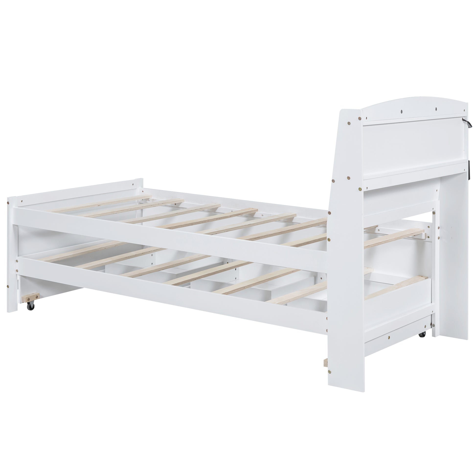Twin Size Platform Bed With Storage Led Headboard, Twin Size Trundle And 3 Drawers, White Box Spring Not Required Twin White Bedroom Bed Frame Solid Wood Mdf