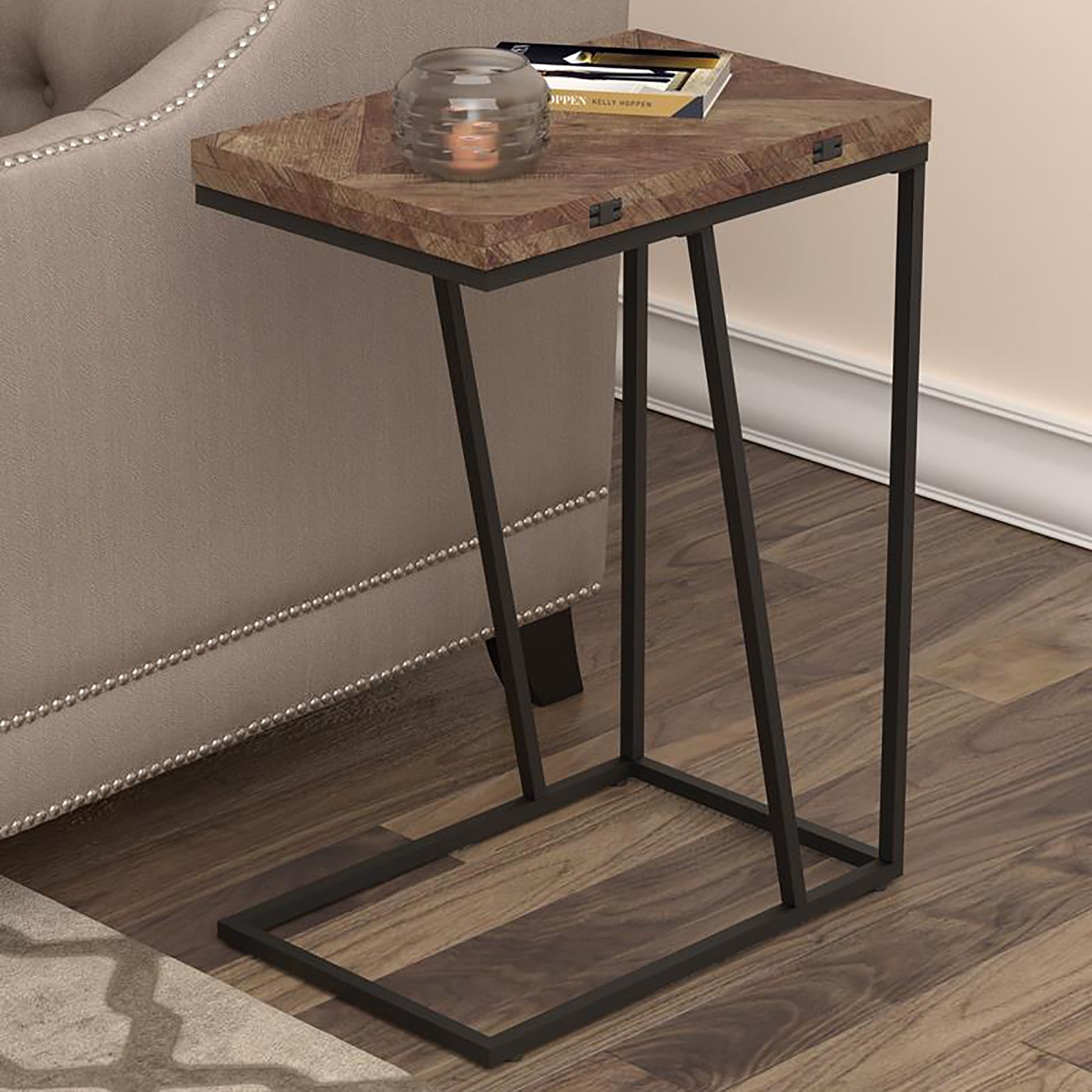 Rustic Herringbone Chevron Accent Table Brown Primary Living Space Industrial Tabeltop Rectangular Coffee & End Tables Metal