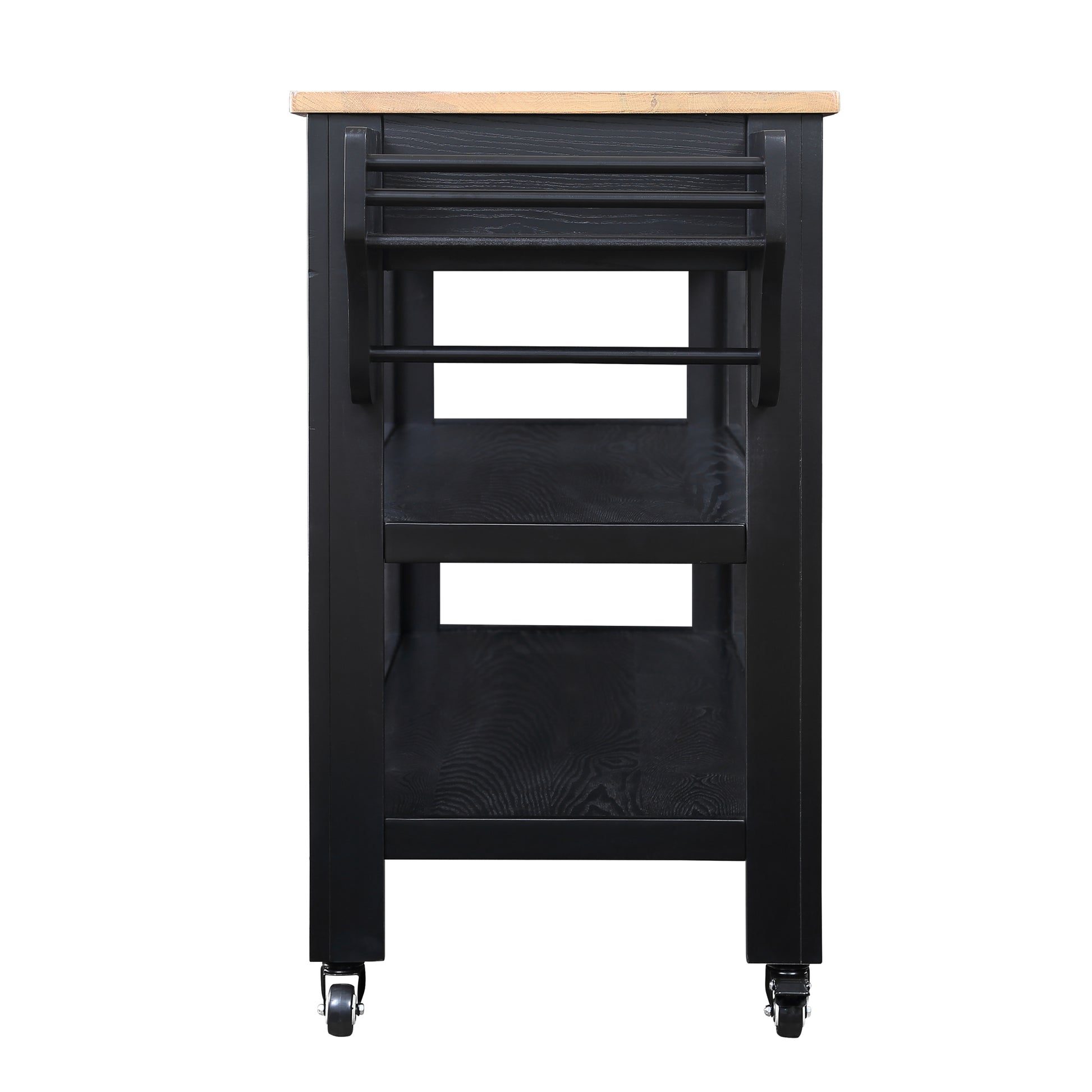 57 Inch Rolling Kitchen Island With Storage,Kitchen Cart With Solid Oak Wood Top,Two Sided Kitchen Island Cart On Wheelswine And Spice Rack, Large Kitchen Cart With 2 Drawers, Black Natural Top Black Natural Dining Room American Design Rectangular