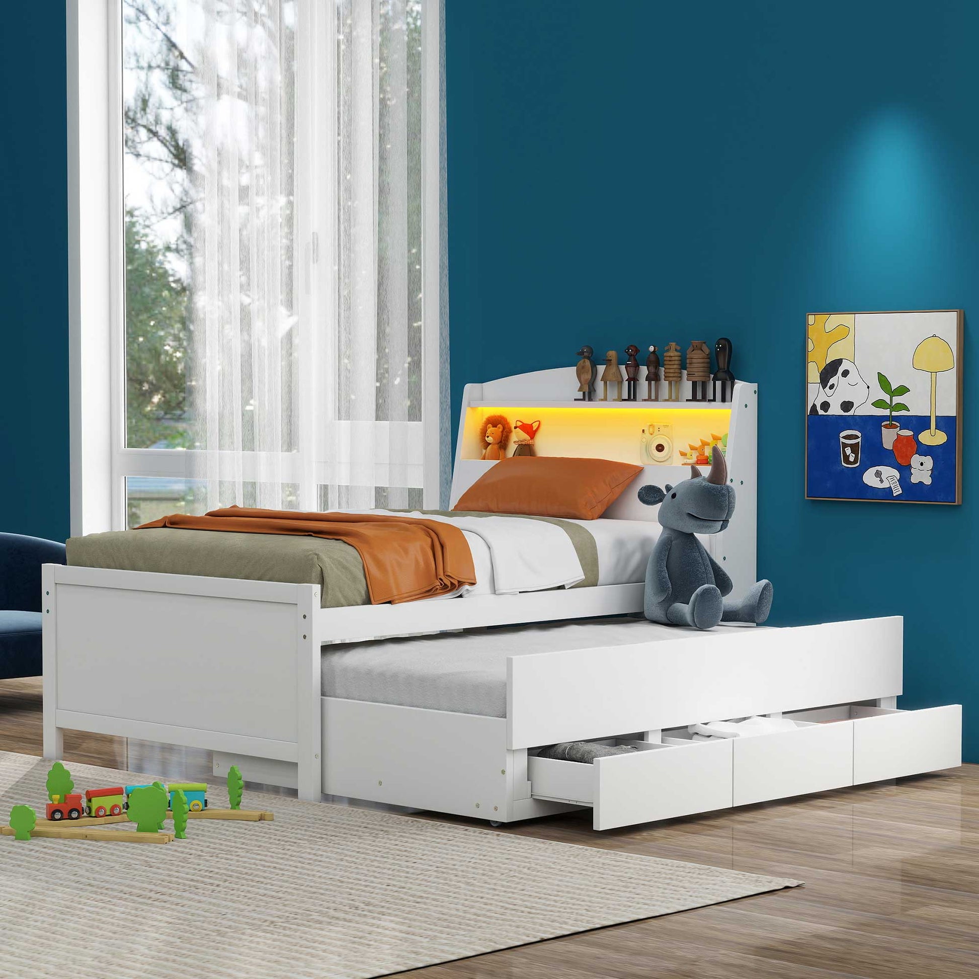 Twin Size Platform Bed With Storage Led Headboard, Twin Size Trundle And 3 Drawers, White Box Spring Not Required Twin White Bedroom Bed Frame Solid Wood Mdf